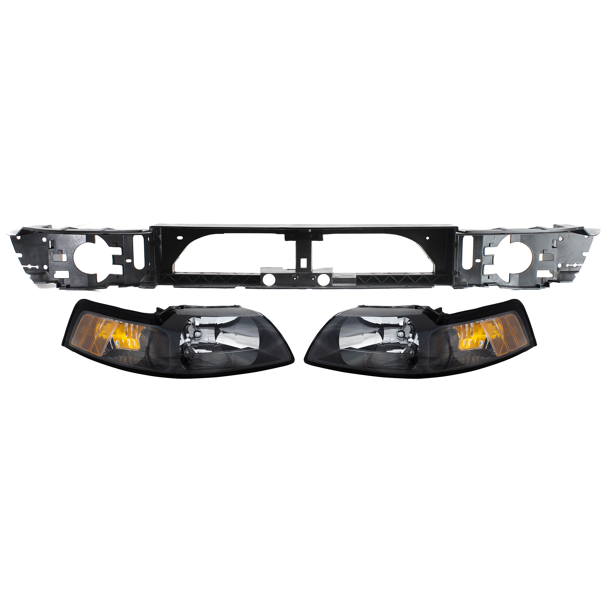 AM MUSTANG 99-04 HEAD LAMP RH AND LH Lens and Housing Halogen 3 pc kit with Header Panel SKU KIT 111116-58 Partslink FO2502177 FO2503177 FO1221119 OEM 3R3Z13008CA 3R3Z13008DA 3R3Z8A