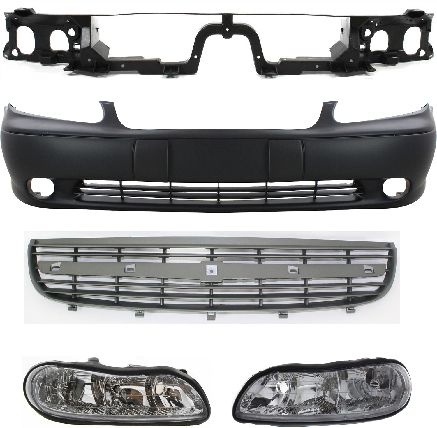 AM MALIBU 00-03 CLASSIC 04-05 FRONT BUMPER COVER 5 pc Kit with Grille Assembly Header Panel and Headlights SKU KIT 111116-59 Partslink GM1000540 GM1200449 GM1221113 GM2502154 GM2503154 OEM 12463112-21992586-22609040-226