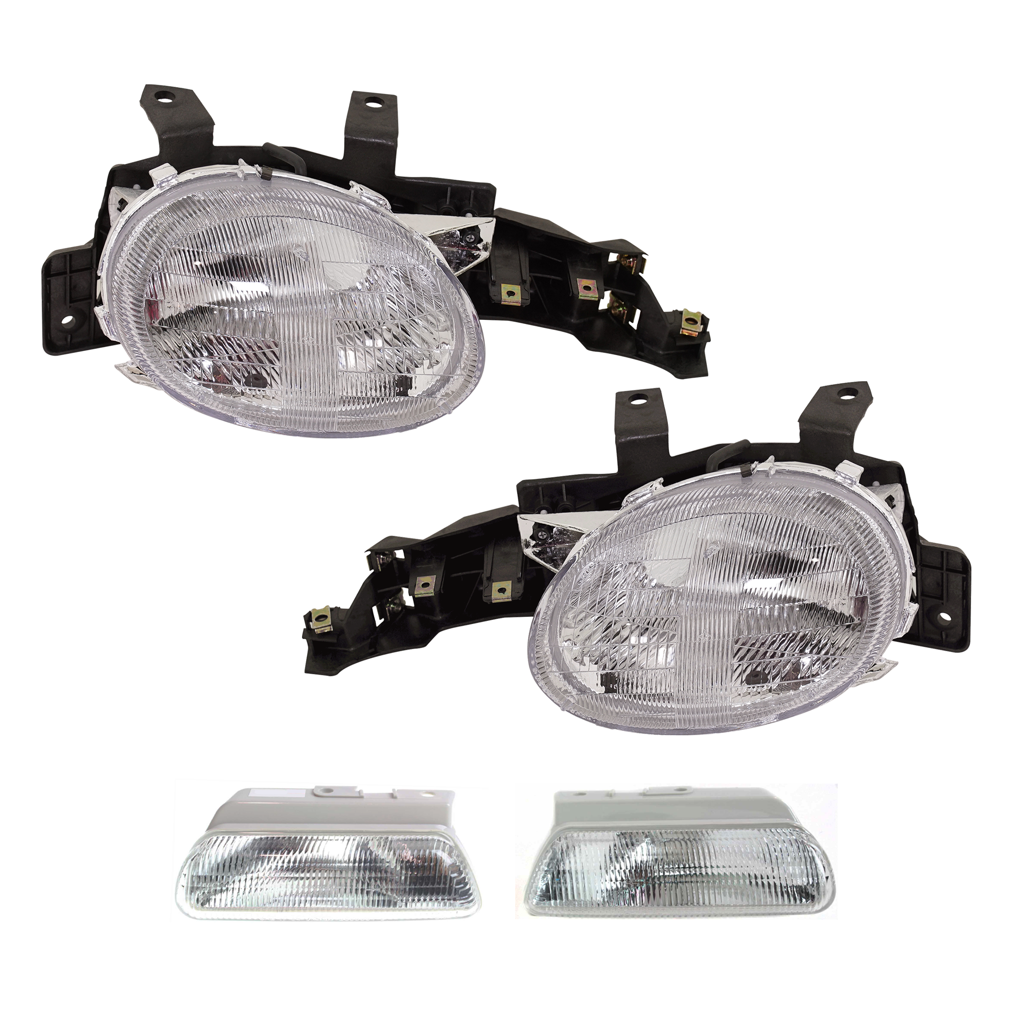 AM NEON 95-99 HEAD LAMP RH AND LH with Bulbs 4 pc kit with Turn Signal Lights SKU KIT 111116-69 Partslink CH2530102 CH2531102 OEM 4761448AB PFM 4761449AB PFM 52