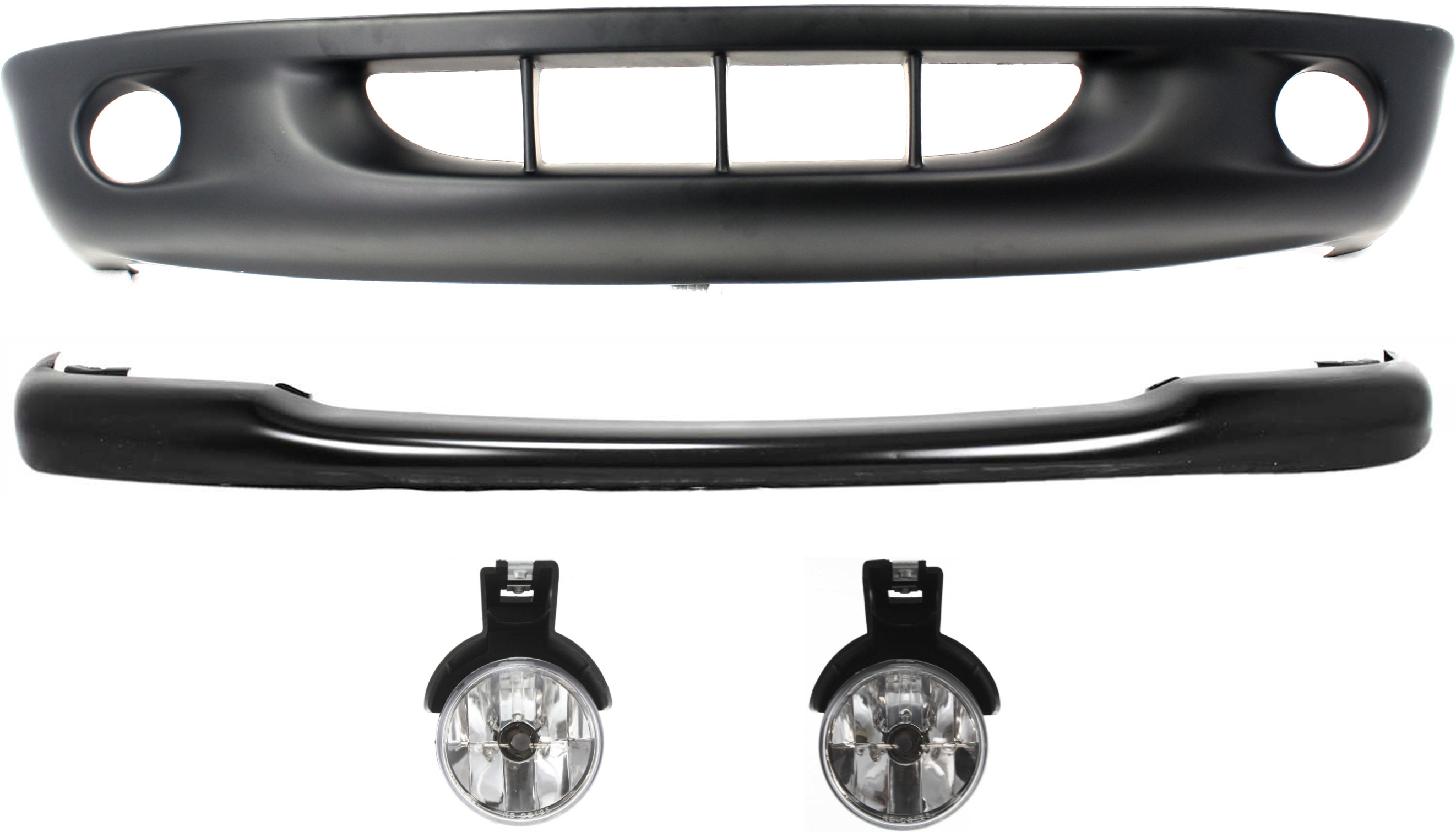 AM DAKOTA 97-00 FRONT BUMPER w 2 Piece Type Bumper 4 pc kit w Bumper Cover and Fog Lights SKU KIT 111116-79 Partslink CH1000291 CH2592104 CH2593104 OEM 55255845 PFM 5013071AB 5507679