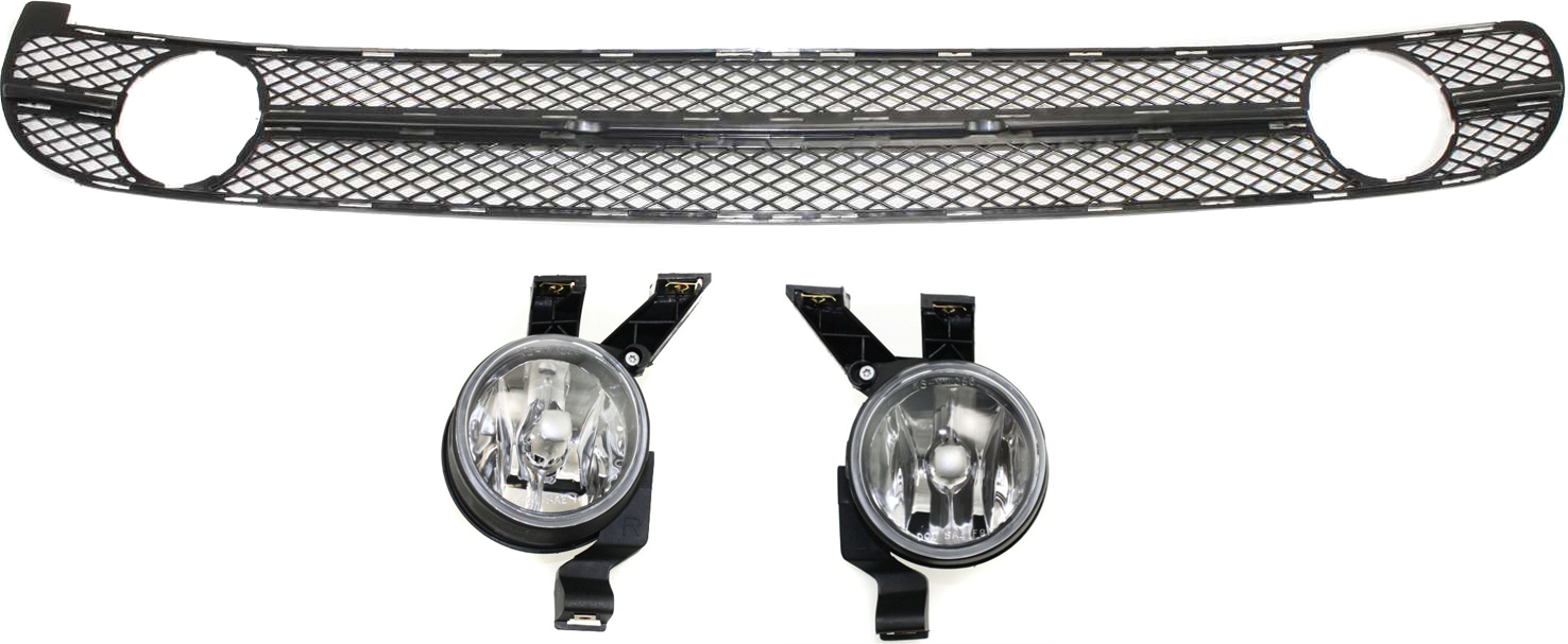 AM BEETLE 98-00 FRONT BUMPER GRILLE Center 3 pc Kit with Fog Light SKU KIT 111116-80 Partslink VW1200127 VW2592102 VW2593102 OEM 1C0807681C01C 1C0941699A 1C094