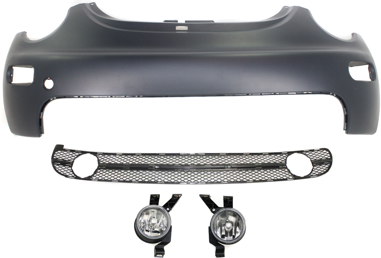 AM BEETLE 98-98 FRONT BUMPER COVER 4 pc Kit with Bumper Grille and Fog Lights SKU KIT 111116-81 Partslink VW1000134 VW1200127 VW2592102 VW2593102 OEM 1C0807221CGRU 1C0807681C01C 1C