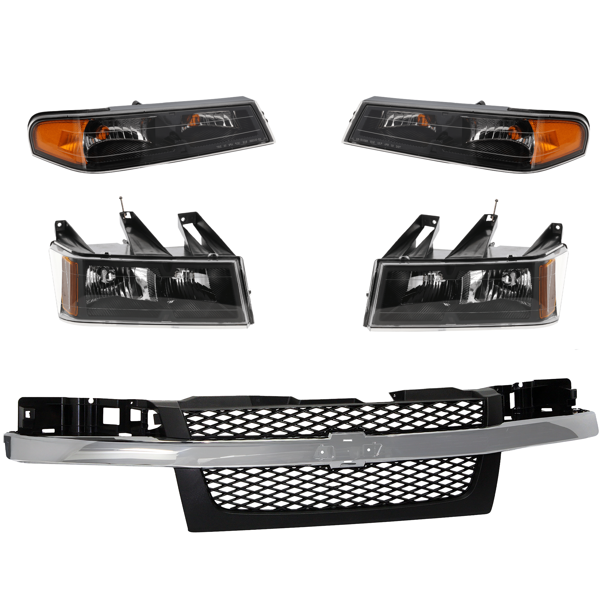 AM COLORADO 04-12 GRILLE 5 pc Kit w o Performance Xtreme Pkg with Corner Lights and Headlights SKU KIT 111116-87 Partslink GM2520189 GM2521189 GM2502234 GM2503234 OEM Performance 19328954-19418419