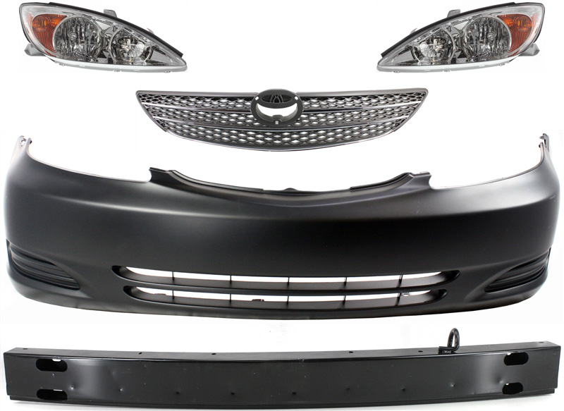 AM CAMRY 02-04 HEAD LAMP RH AND LH Assembly Halogen 5 pc Kit with Bumper Cover Bumper Reinforcement and Grille Assembly SKU KIT 111116-88 Partslink TO2502137 TO2503137 TO1000230 TO1006186 TO1200233 OEM 81110AA060-81150AA060-52119AA9