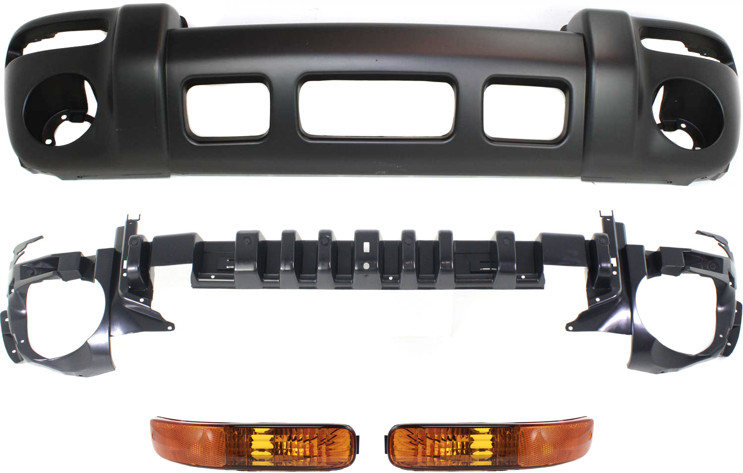 AM LIBERTY 02-04 FRONT BUMPER ABSORBER 4 pc kit with Bumper Cover and Parking Lights SKU KIT 111116-92 Partslink CH1070127 CH1000334 CH2520139 CH2521139 OEM 55156042AD 5066606AB 5066606AC