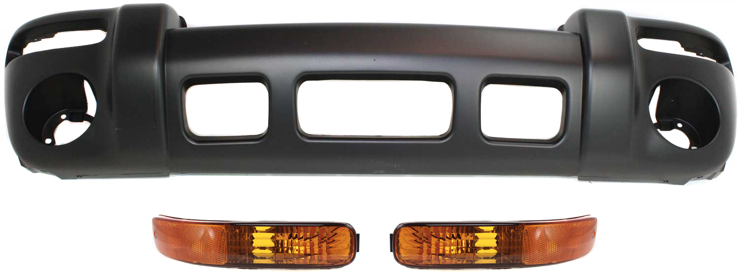 AM LIBERTY 02-04 FRONT BUMPER COVER 3 pc Kit with Parking Lights SKU KIT 111116-94 Partslink CH1000334 CH2520139 CH2521139 OEM 5066606AB 5066606AC 55155911AC