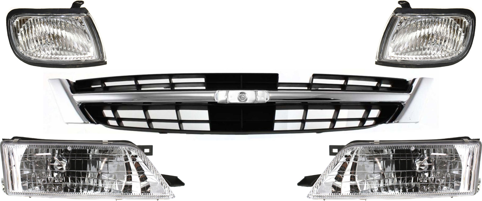 AM MAXIMA 97-99 HEAD LAMP RH AND LH Assembly Halogen 5 pc Kit with Corner Lights and Grille Assembly SKU KIT 111215-01 Partslink NI2503122 NI2502122 NI2520125 NI2521125 NI1200180 OEM 260100L725-260600L725-261750L7