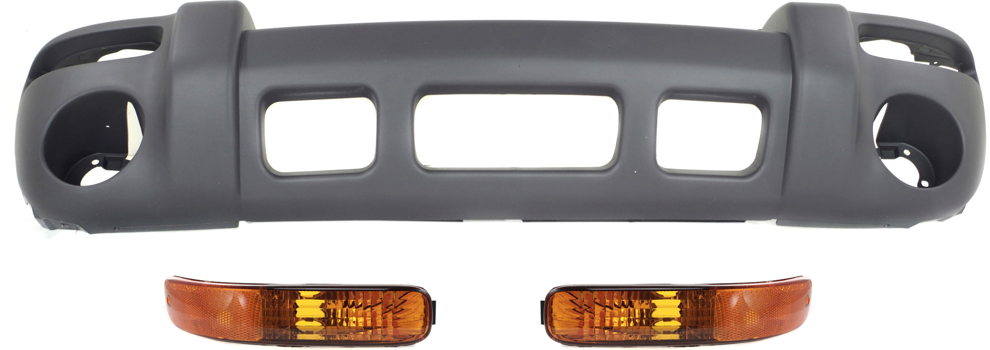 AM LIBERTY 02-04 FRONT BUMPER COVER 3 pc Kit with Parking Lights SKU KIT 111216-02 Partslink CH1000367 CH2520139 CH2521139 OEM 5GJ63HS5AC 55155911AC 55155910