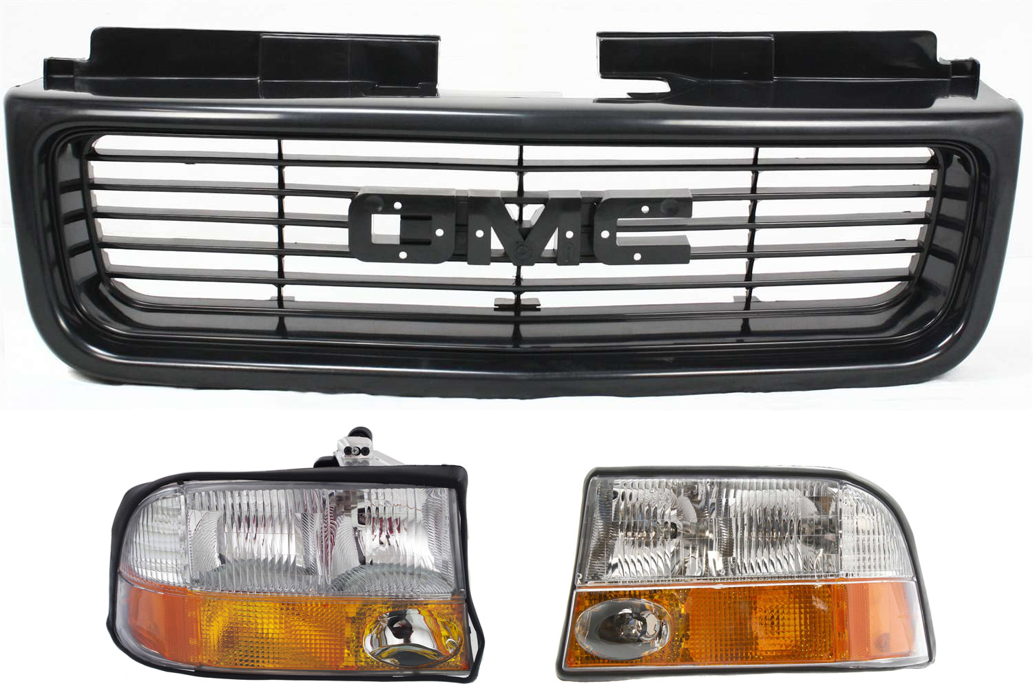 AM JIMMY 98-05 SONOMA 98-04 HEAD LAMP RH AND LH Assembly Halogen 3 pc Kit with Grille SKU KIT 111216-08 Partslink GM2503173 GM2502173 GM1200436 OEM 16526226-16526225-12472678