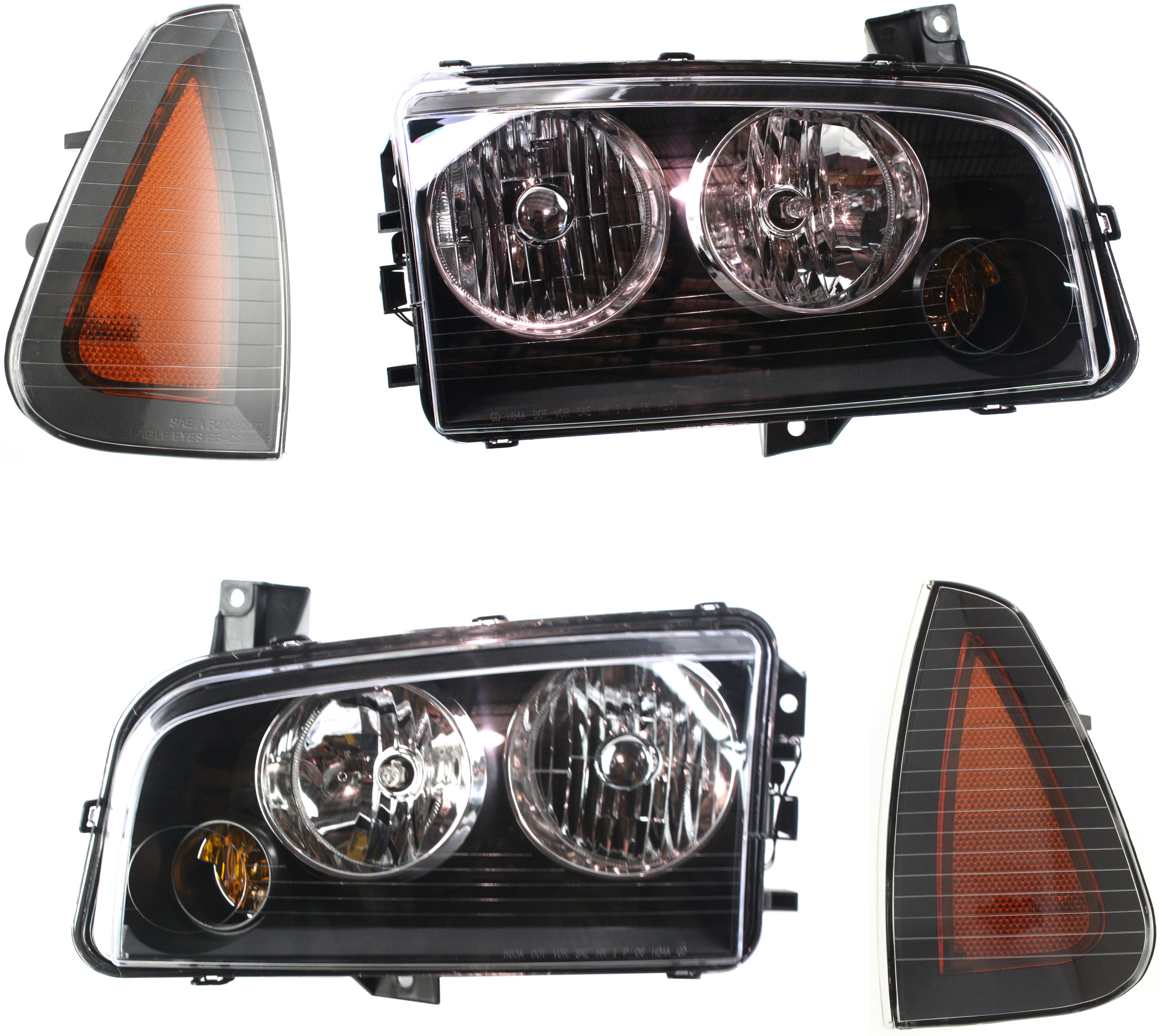 AM CHARGER 06-07 HEAD LAMP RH AND LH with Bulbs 4 pc Kit with Side Markers SKU KIT 111216-09 Partslink CH2503163 CH2502163 CH2550124 CH2551126 OEM 4806164AF 4806165AF 4806219AD