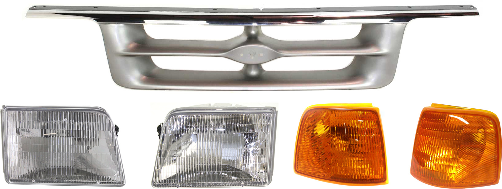 AM RANGER 95-97 GRILLE 5 pc Kit with Corner Lights and Headlights SKU KIT 111216-12 Partslink FO1200317 FO2520118 FO2521116 FO2502119 FO2503115 OEM F57Z8200KK F37Z13201A F37Z1320