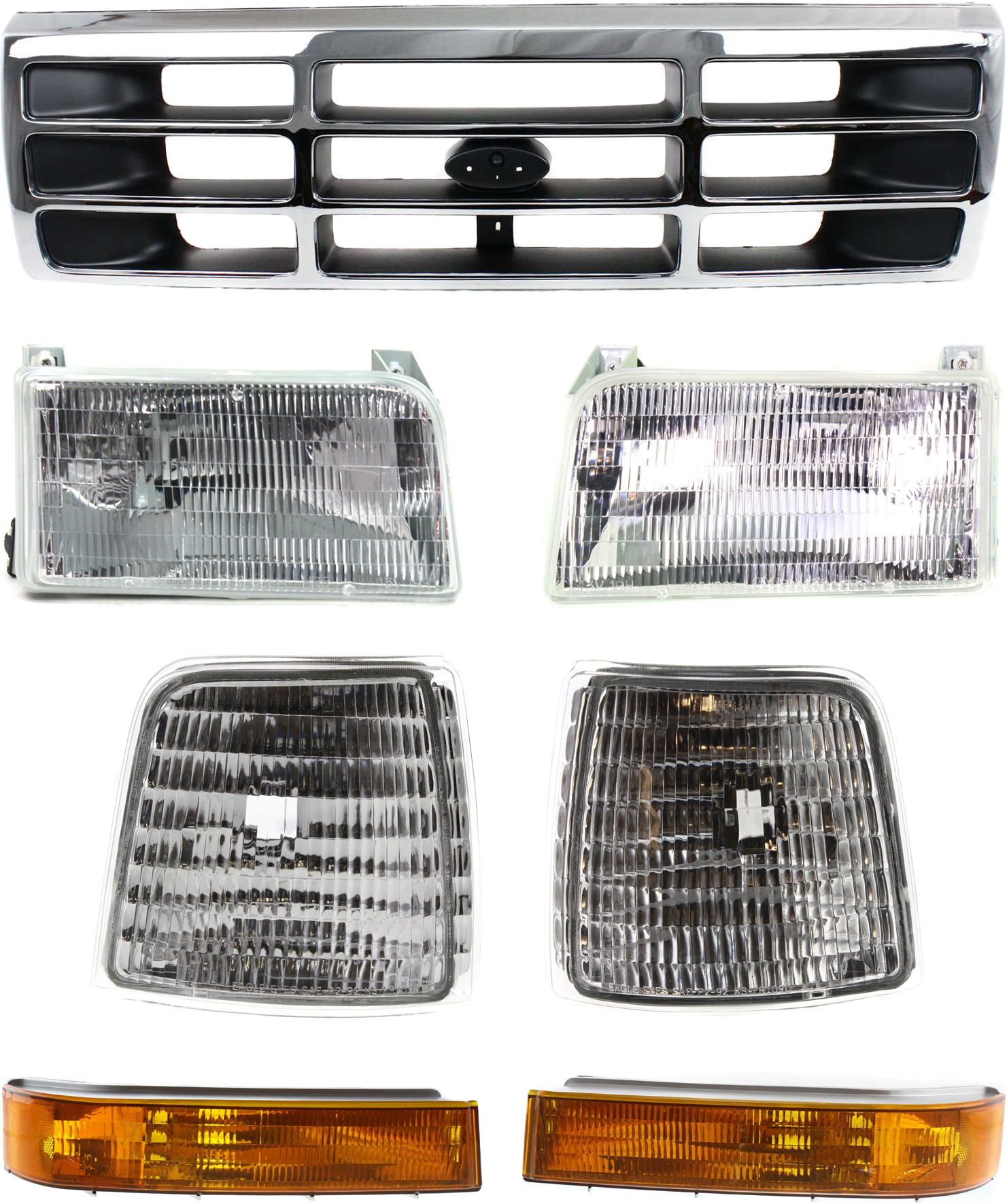 AM F SERIES 92-97 GRILLE 7 pc Kit with Corner Lights Headlights and Turn Signal Lights SKU KIT 111216-26 Partslink FO1200173 FO2550110 FO2551108 FO2502118 FO2503114 FO2520116 FO2521114 OEM F4TZ8200A F2TZ15A201D F2TZ15A2
