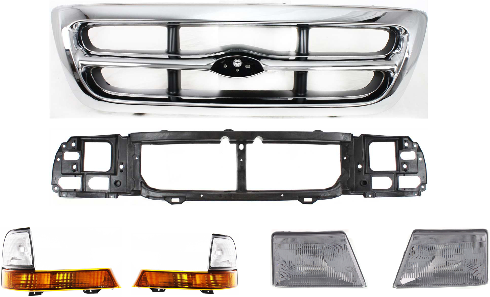 AM RANGER 98-00 GRILLE 6 pc Kit Chrome with Platinum Background w Corner Light Header Panel and Headlight RWD XLT Model SKU KIT 111216-27 Partslink FO1200340 FO2520144 FO2521144 FO1220215 FO2502151 FO2503151 OEM F87Z8200EAA F87Z13201BA XL5Z13