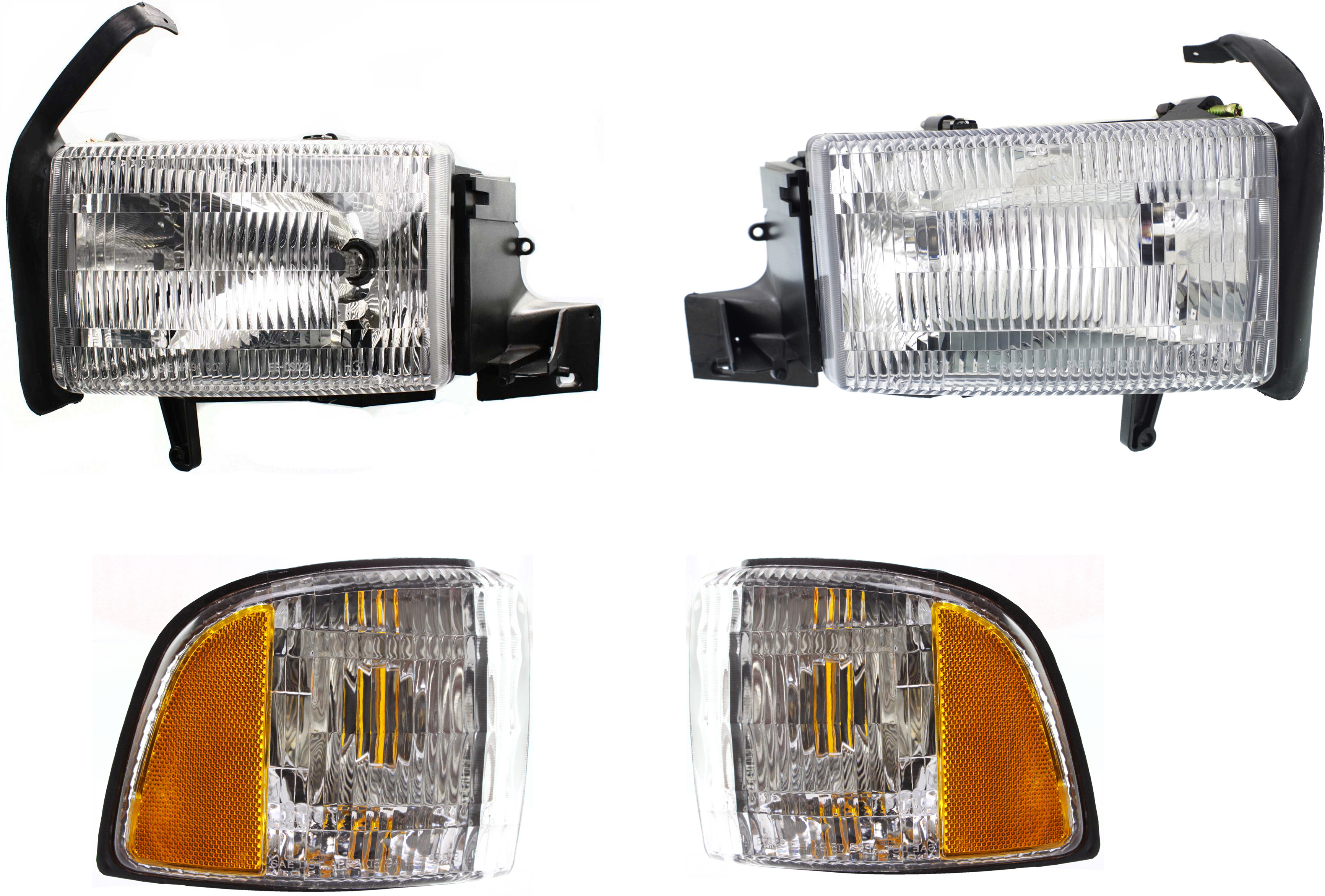 AM DODGE FULL SIZE PICKUP 94-02 HEAD LAMP RH AND LH Assembly Halogen 4 pc Kit with Corner Lights SKU KIT 111216-32 Partslink CH2520119 CH2521119 OEM 55054780AH PFM 55054781AF PFM