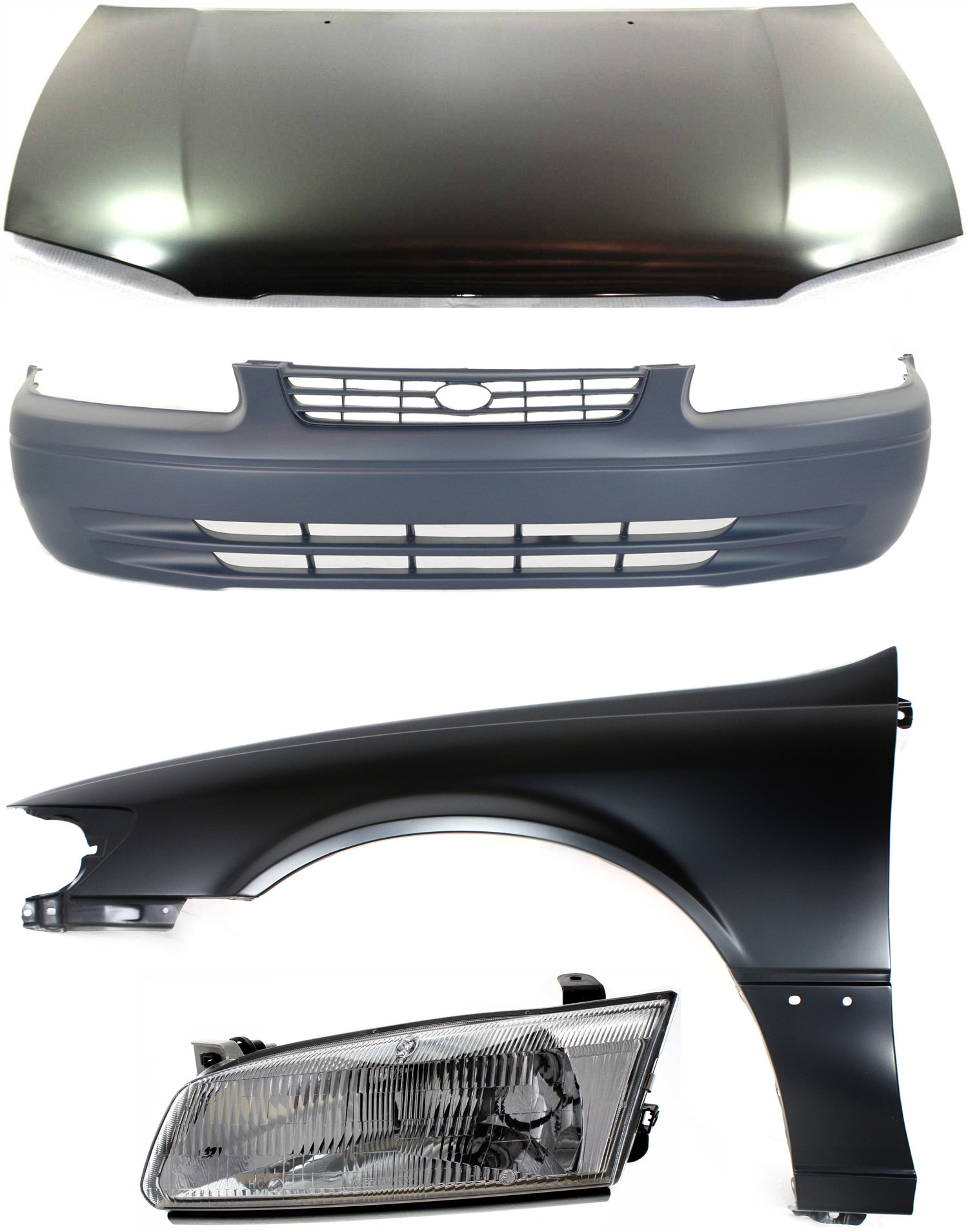 AM CAMRY 97-99 HOOD 4 pc Kit USA Built with Bumper Cover Fender and Headlight SKU KIT 111216-39 Partslink TO1230167 TO1000187 TO1240162 TO2502117 OEM 53301AA040-52119AA901-53812AA0
