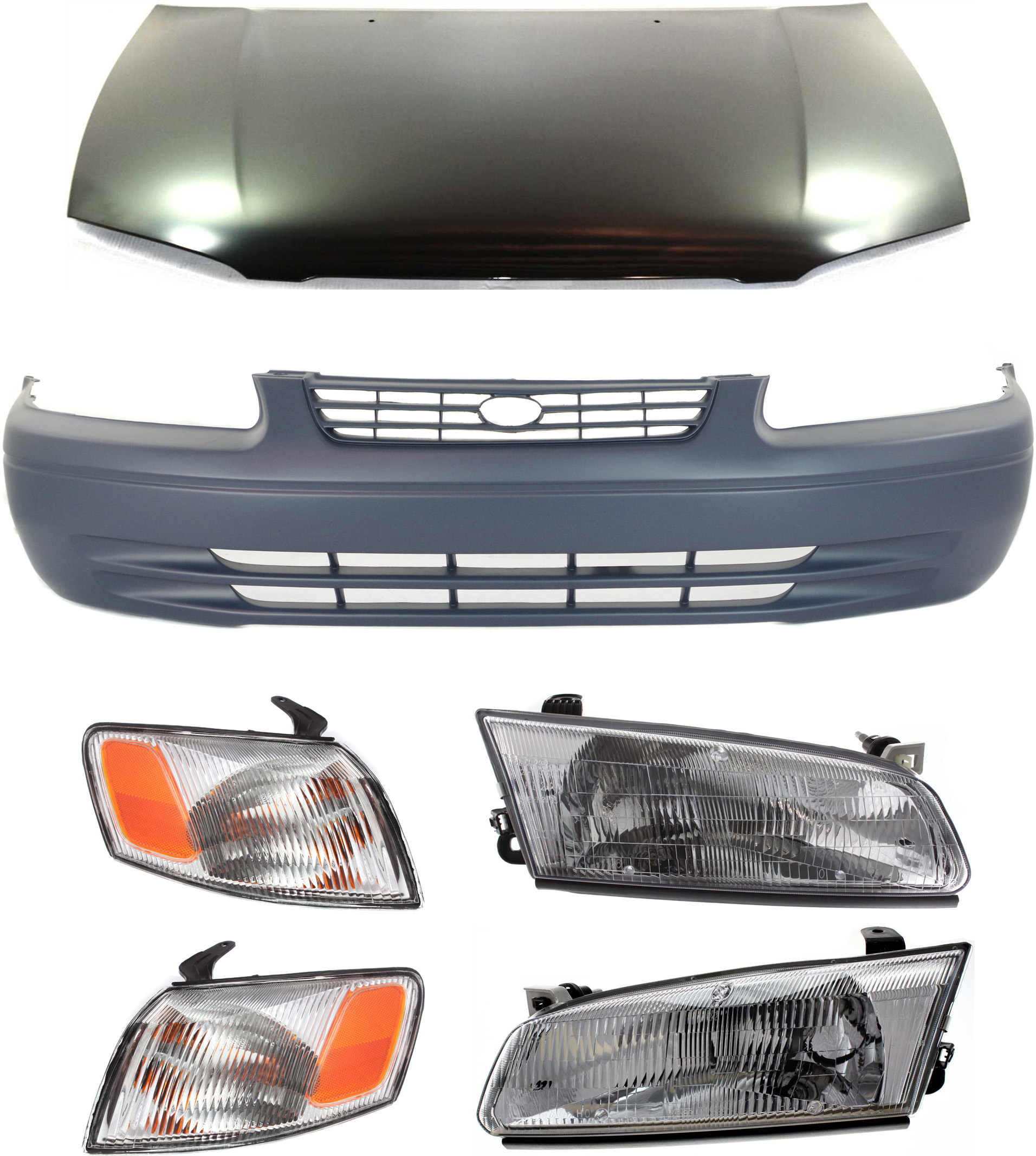AM CAMRY 97-99 HOOD 6 pc Kit USA Built with Bumper Cover Corner Lights and Headlights SKU KIT 111216-40 Partslink TO1230167 TO1000187 TO2530126 TO2531126 TO2502117 TO2503117 OEM 53301AA040-52119AA901-81520AA0