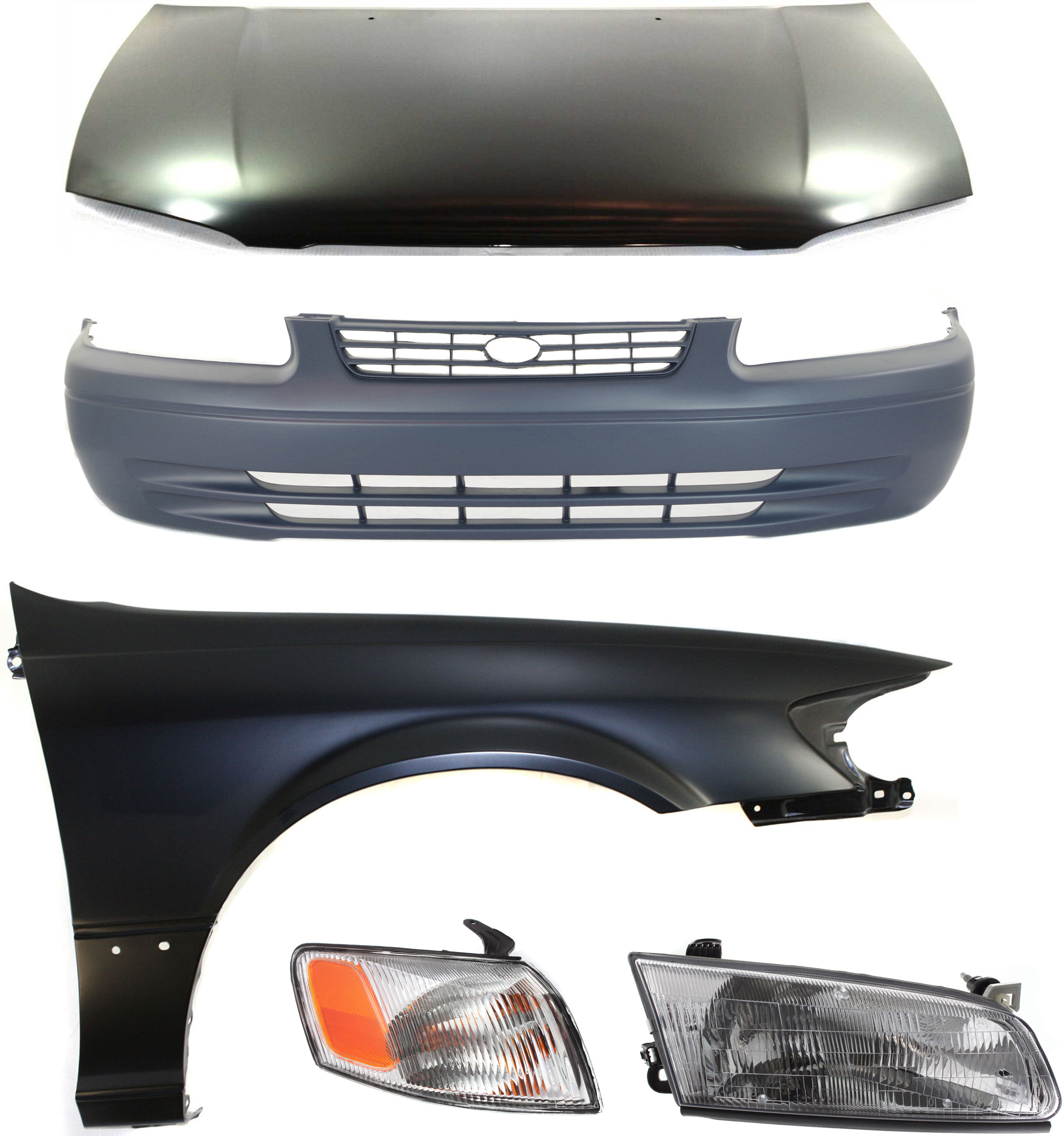 AM CAMRY 97-99 HOOD 5 pc Kit USA Built with Bumper Cover Corner Light Fender and Headlight SKU KIT 111216-41 Partslink TO1230167 TO1000187 TO2531126 TO1241162 TO2503117 OEM 53301AA040-52119AA901-81510AA0