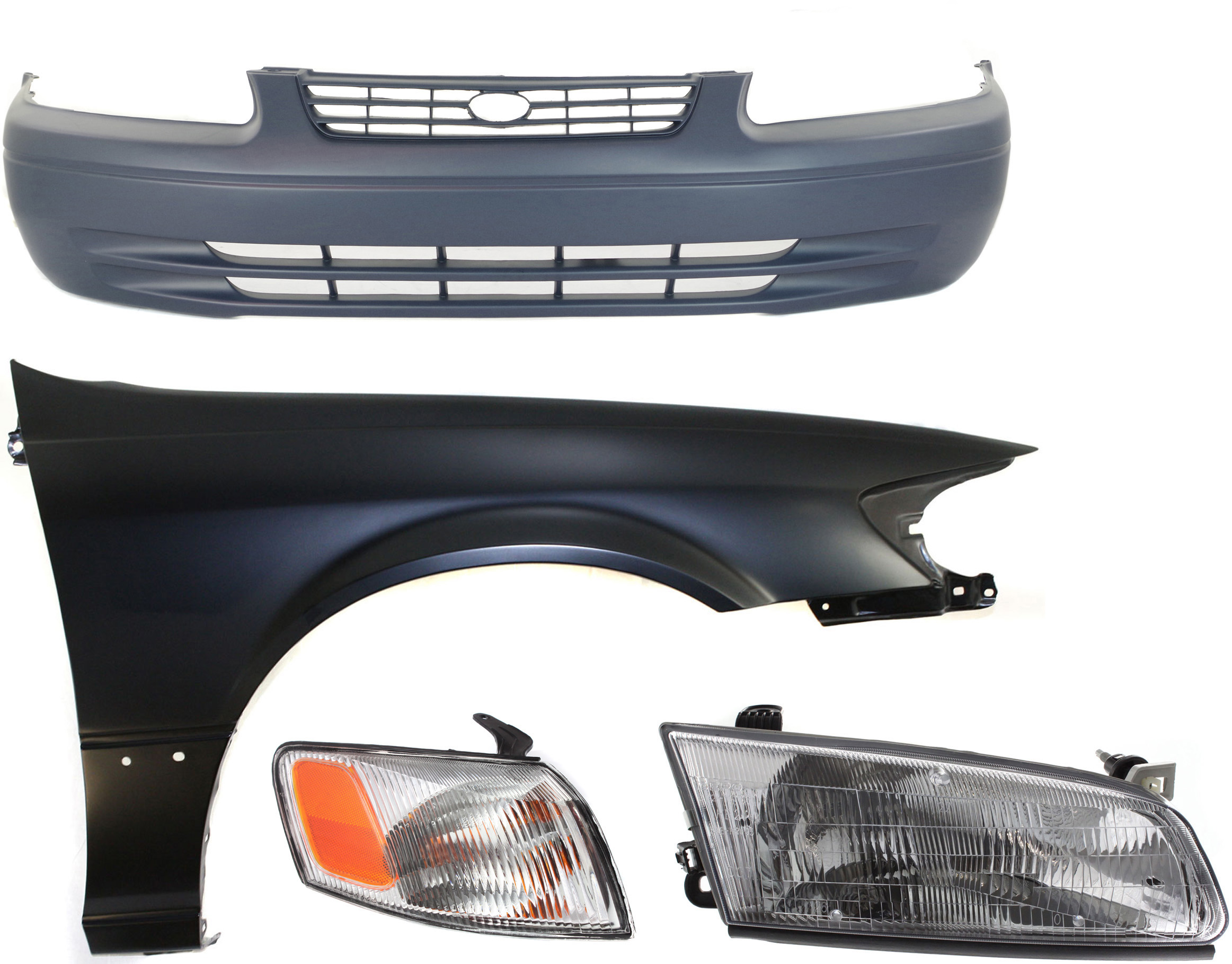 AM CAMRY 97-99 FRONT BUMPER COVER 4 pc Kit with Corner Light Fender and Headlight SKU KIT 111216-43 Partslink TO1000187 TO2531126 TO1241162 TO2503117 OEM 52119AA901-81510AA010-53811AA0