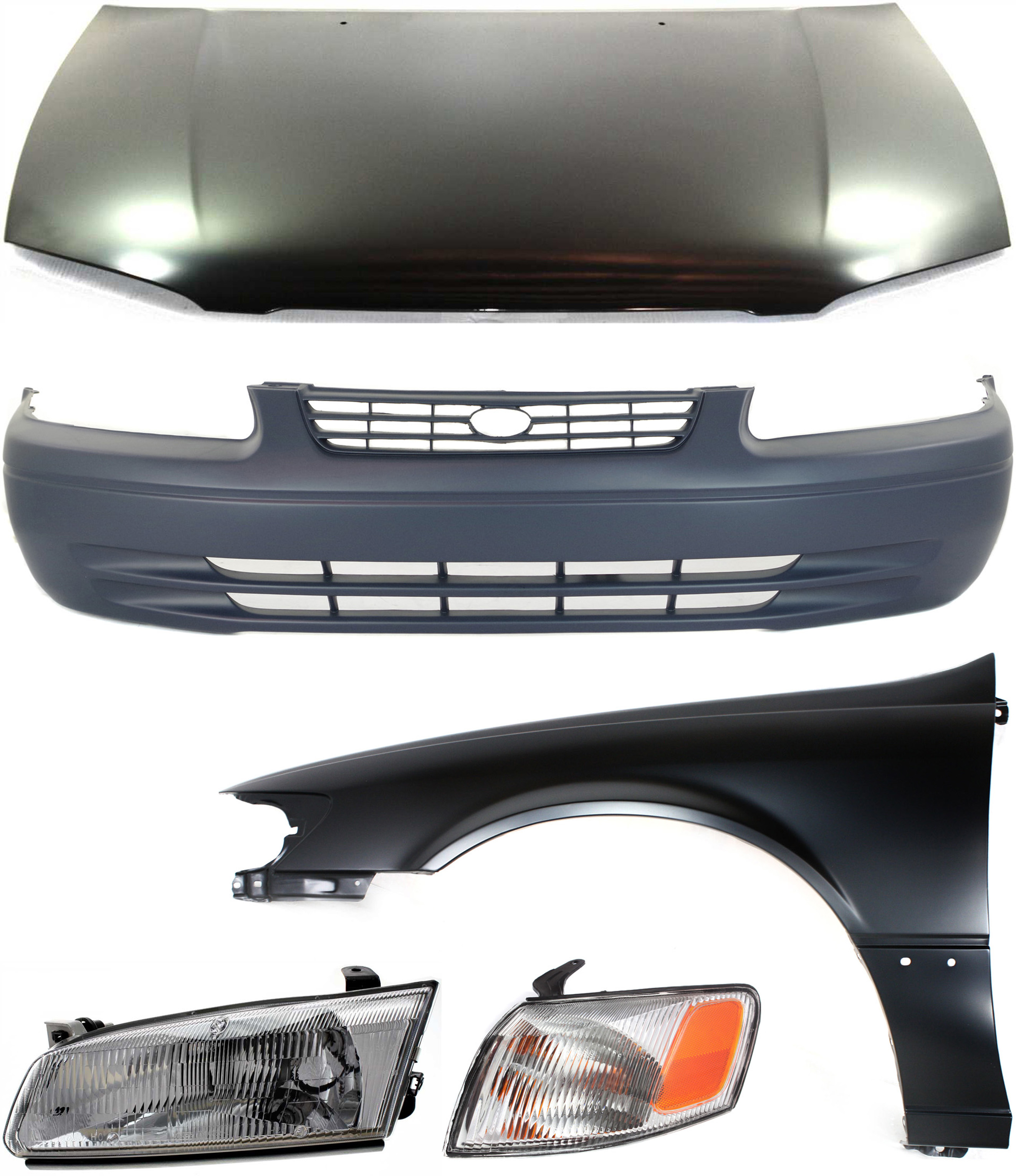 AM CAMRY 97-99 HOOD 5 pc Kit USA Built with Bumper Cover Corner Light Fender and Headlight SKU KIT 111216-44 Partslink TO1230167 TO1000187 TO2530126 TO1240162 TO2502117 OEM 53301AA040-52119AA901-81520AA0