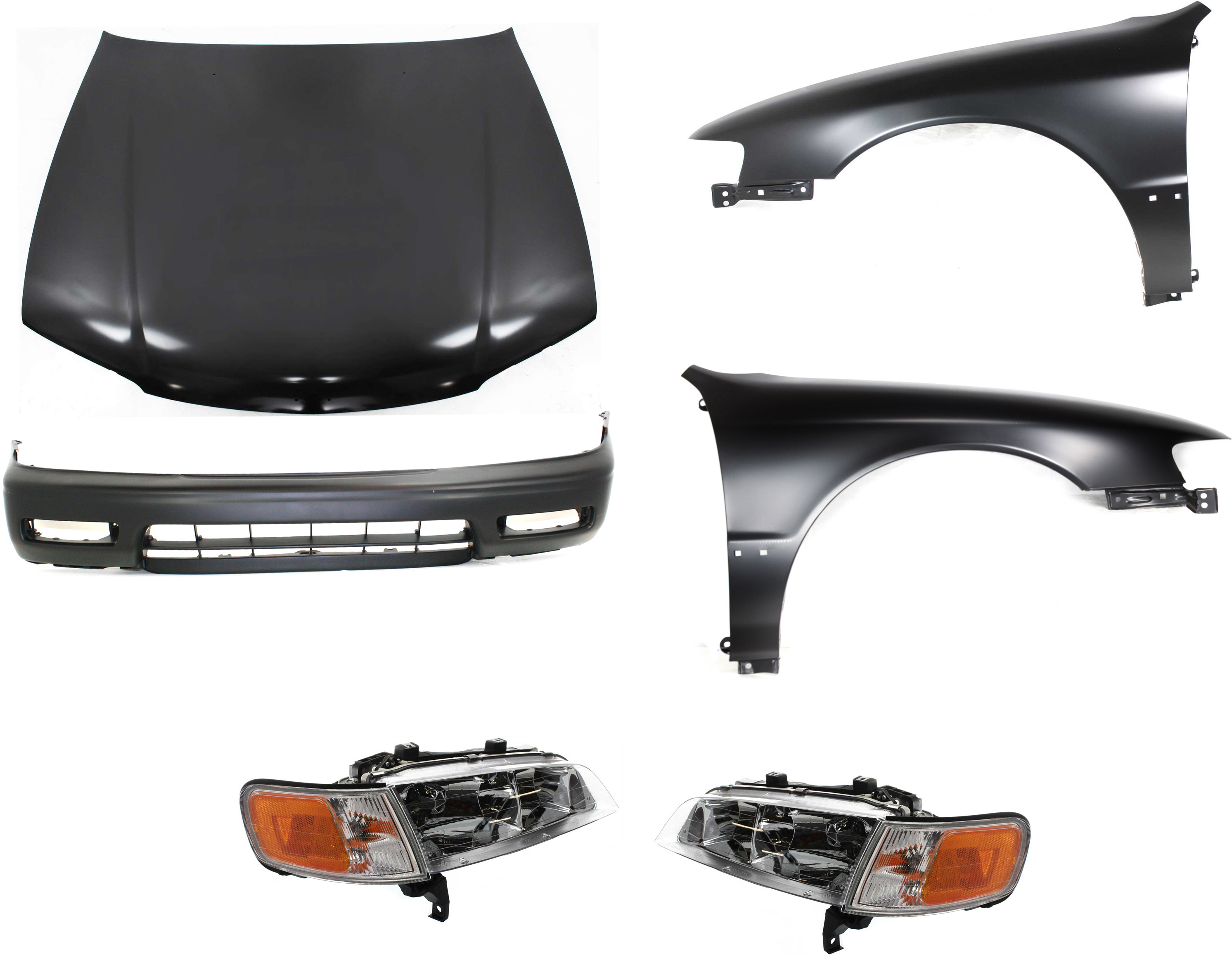 AM ACCORD 94-95 HOOD 6 pc Kit with Bumper Cover Fenders and Headlights SKU KIT 111216-50 Partslink HO1230116 HO1000104 HO1240122 HO1241122 HO2502106 HO2503106 OEM 60100SV4010ZZ 04711SV4000ZZ 60