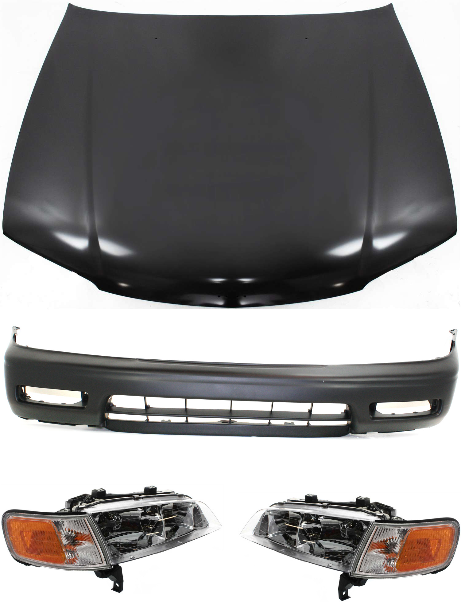 AM ACCORD 94-95 HOOD 4 pc Kit with Bumper Cover and Headlights SKU KIT 111216-51 Partslink HO1230116 HO1000104 HO2502106 HO2503106 OEM 60100SV4010ZZ 04711SV4000ZZ 33