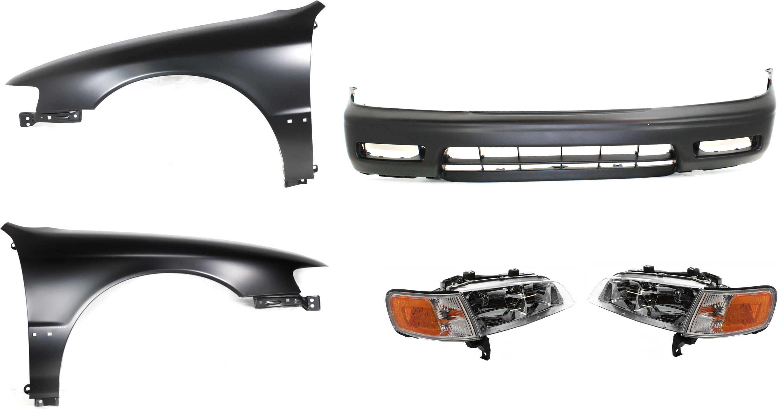 AM ACCORD 94-95 HEAD LAMP RH AND LH Assembly Halogen 5 pc Kit with Bumper Cover and Fenders SKU KIT 111216-52 Partslink HO2503106 HO2502106 HO1000104 HO1240122 HO1241122 OEM 33100SV4A02-33150SV4A02-04711S