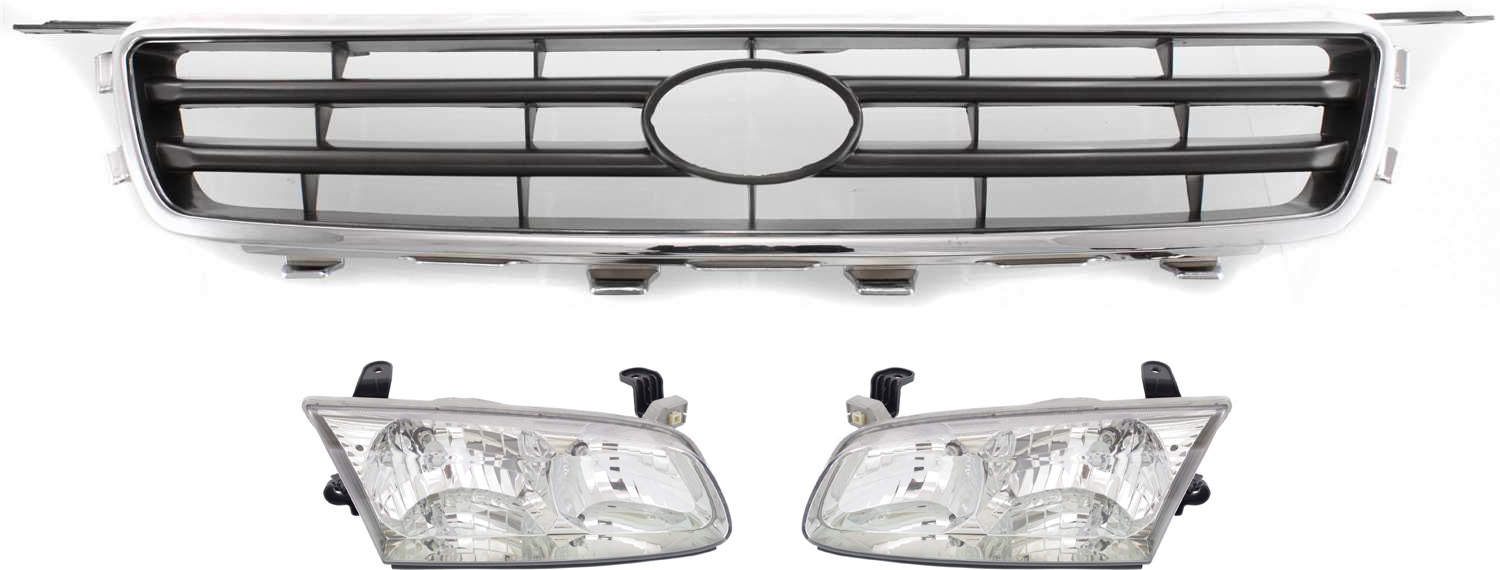 AM CAMRY 00-01 HEAD LAMP RH AND LH Assembly Halogen 3 pc Kit with Grille Assembly SKU KIT 111216-65 Partslink TO2503130 TO2502130 TO1200225 OEM 81110AA020-81150AA020-53111AA0
