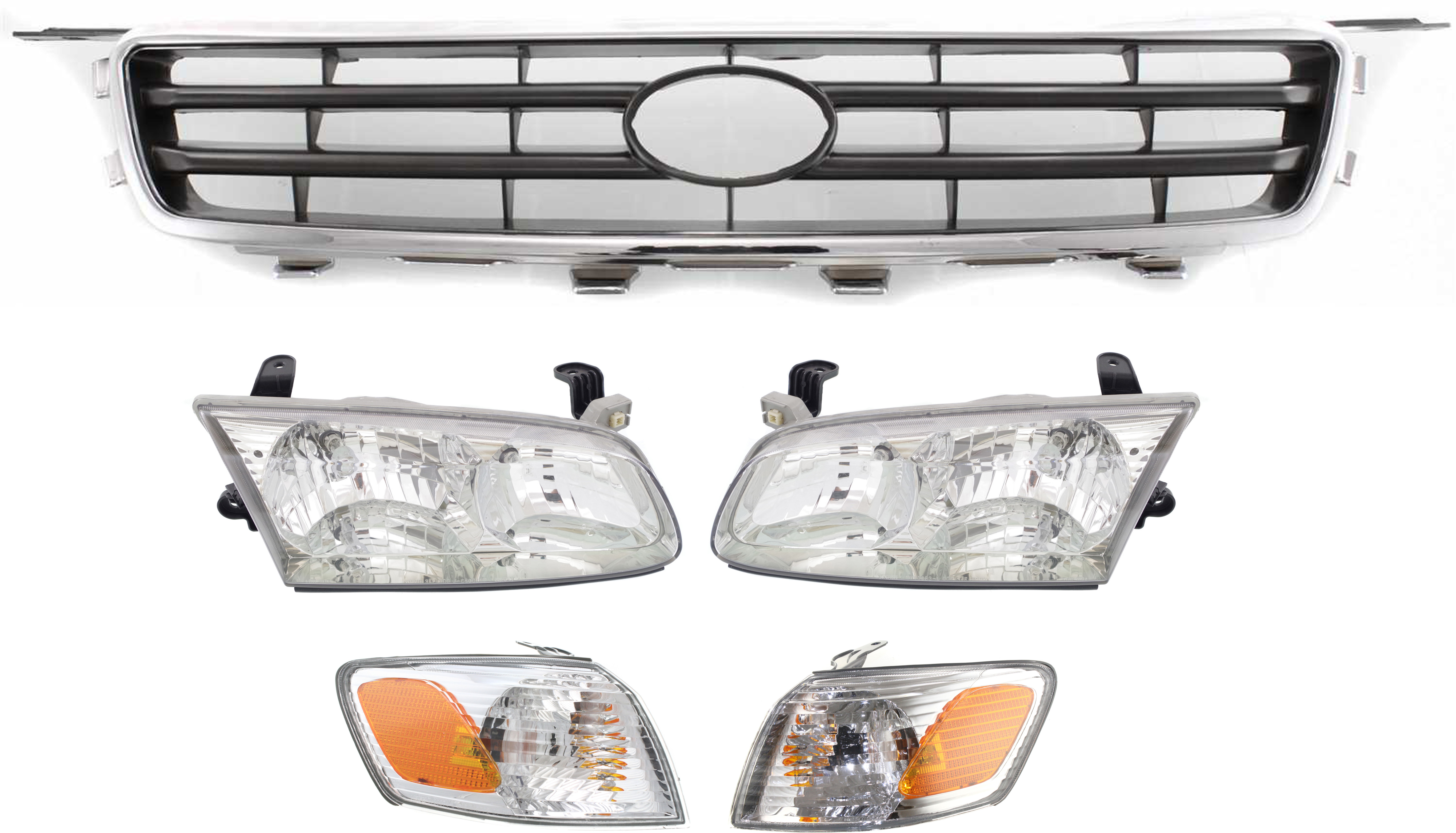 AM CAMRY 00-01 HEAD LAMP RH AND LH Assembly Halogen 5 pc Kit with Corner Lights and Grille Assembly SKU KIT 111216-67 Partslink TO2503130 TO2502130 TO2530136 TO2531136 TO1200225 OEM 81110AA020-81150AA020-81520AA0