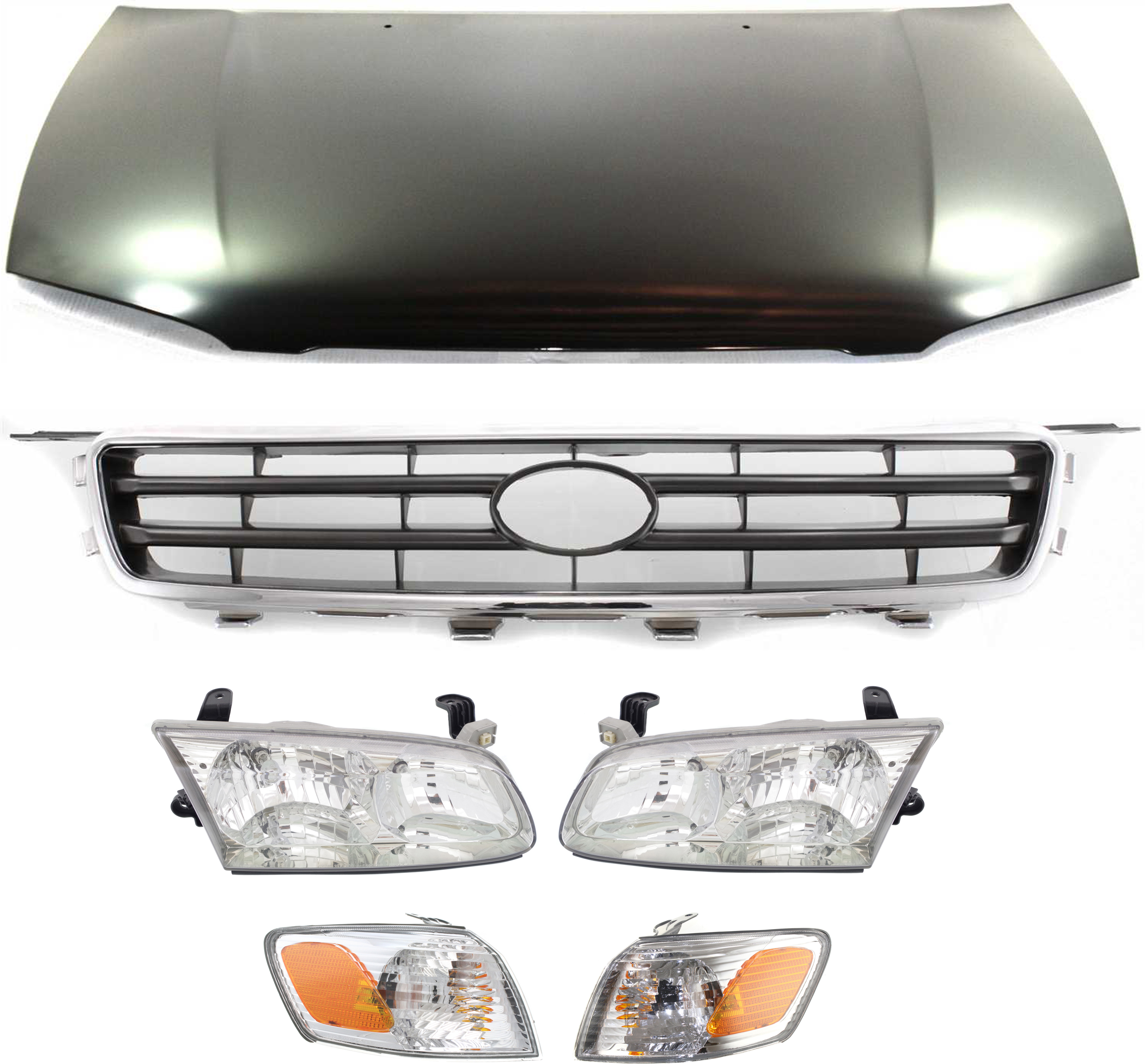 AM CAMRY 00-01 HOOD 6 pc Kit USA Built with Corner Lights Grille Assembly and Headlights SKU KIT 111216-68 Partslink TO1230167 TO2530136 TO2531136 TO1200225 TO2502130 TO2503130 OEM 53301AA040-81520AA020-81510AA0