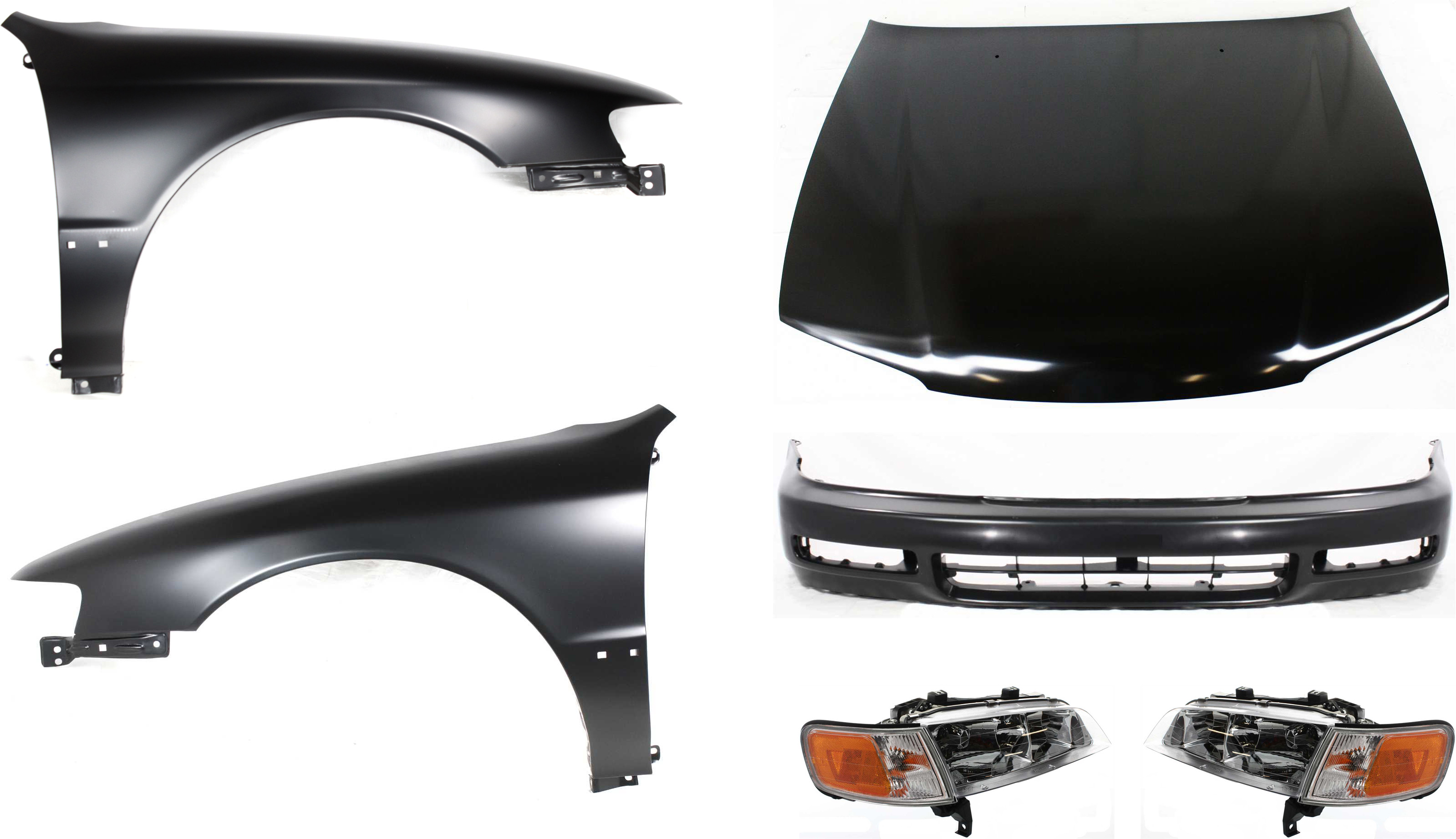 AM ACCORD 96-97 HOOD 6 pc Kit with Bumper Cover Fenders and Headlights SKU KIT 111216-74 Partslink HO1230126 HO1000174 HO1240122 HO1241122 HO2502106 HO2503106 OEM 60100SV4508ZZ 04711SV4A90ZZ 60
