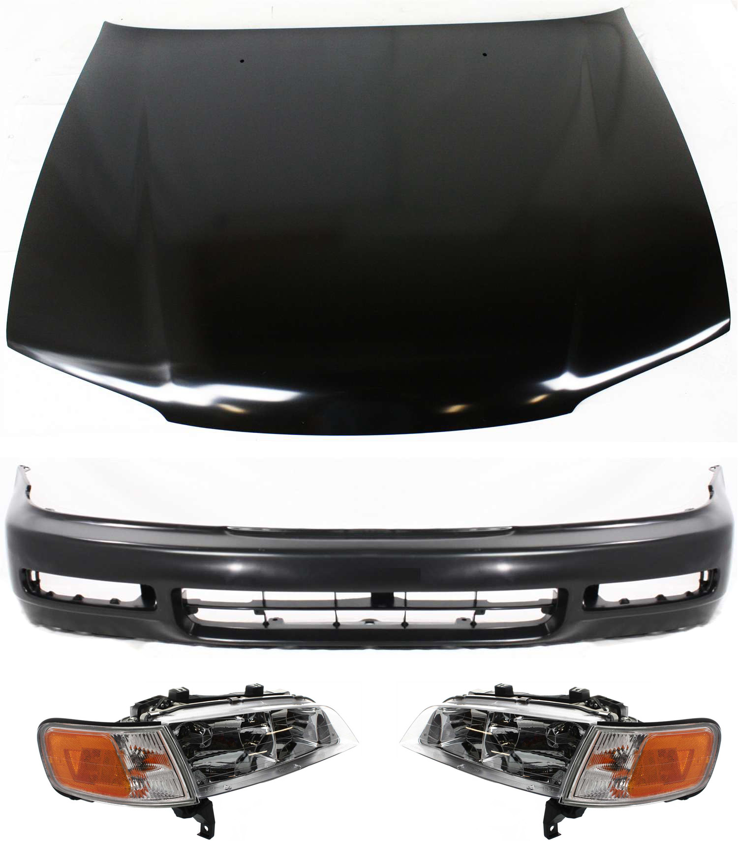 AM ACCORD 96-97 HOOD 4 pc Kit with Bumper Cover and Headlights SKU KIT 111216-75 Partslink HO1230126 HO1000174 HO2502106 HO2503106 OEM 60100SV4508ZZ 04711SV4A90ZZ 33