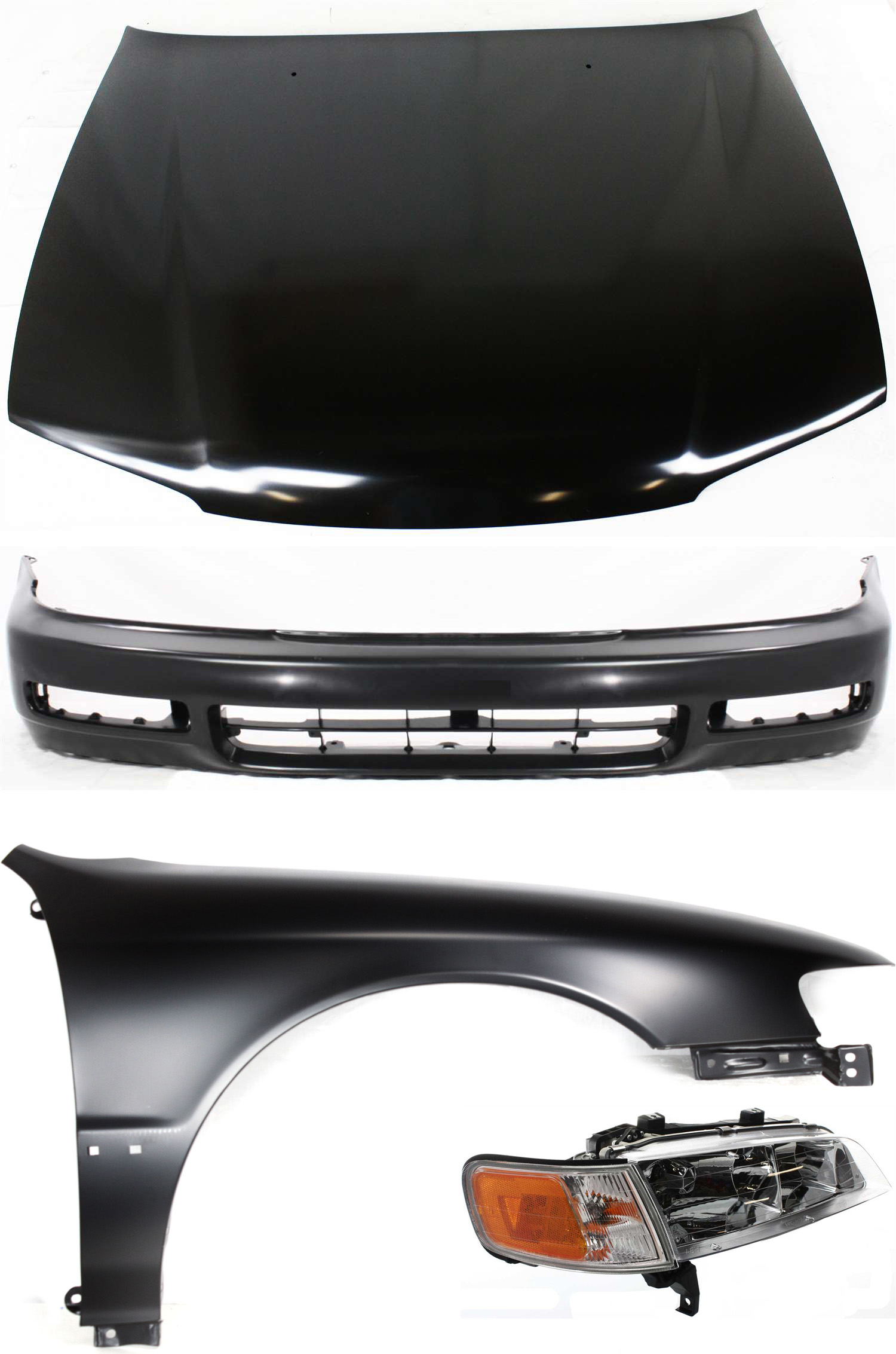 AM ACCORD 96-97 HOOD 4 pc Kit with Bumper Cover Fender and Headlight SKU KIT 111216-78 Partslink HO1230126 HO1000174 HO1241122 HO2503106 OEM 60100SV4508ZZ 04711SV4A90ZZ 60