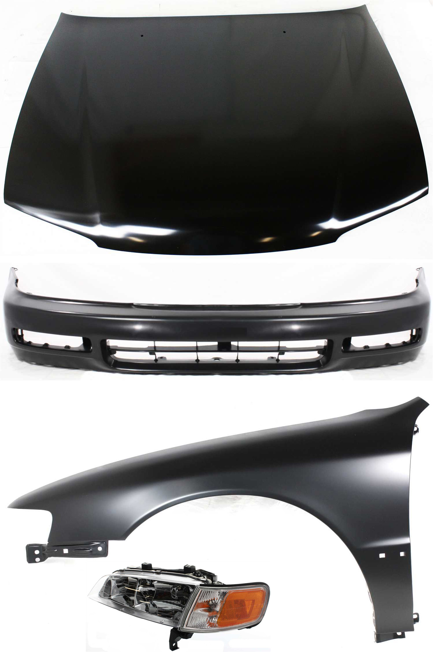 AM ACCORD 96-97 HOOD 4 pc Kit with Bumper Cover Fender and Headlight SKU KIT 111216-79 Partslink HO1230126 HO1000174 HO1240122 HO2502106 OEM 60100SV4508ZZ 04711SV4A90ZZ 60