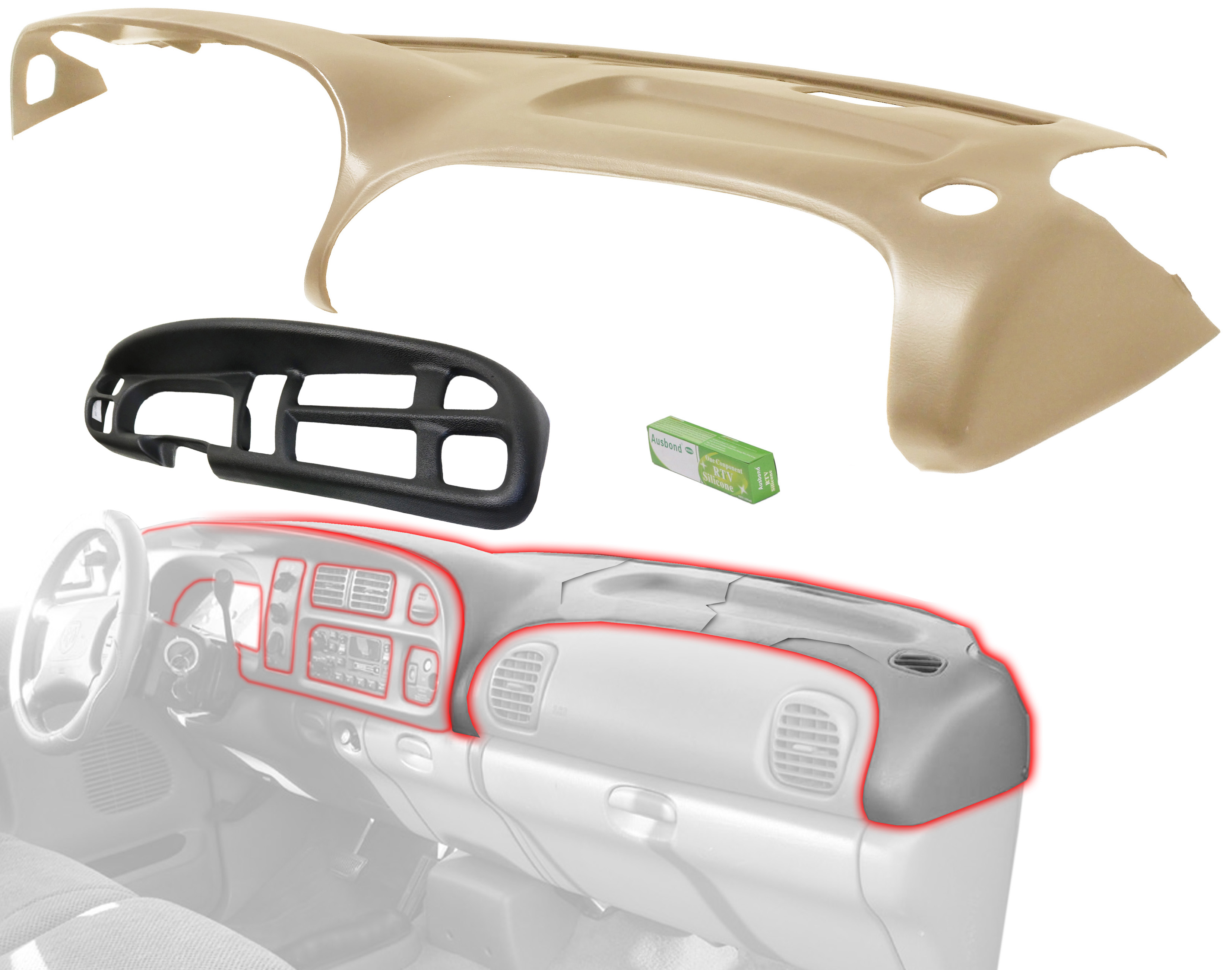 AM DODGE FULL SIZE P U 98-02 DASH COVER 2 pc Kit Saddle Tan Hair Cell Texture with Instrument Panel Cover with Black Cap SKU KIT 111218-07