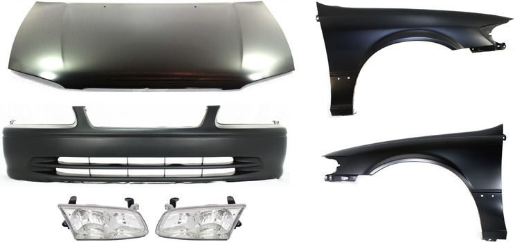 AM CAMRY 00-01 HOOD 6 pc Kit USA Built with Bumper Cover Fenders and Headlights SKU KIT 111316-04 Partslink TO1230167 TO1000206 TO1240162 TO1241162 TO2502130 TO2503130 OEM 53301AA040-52119AA902-53812AA0