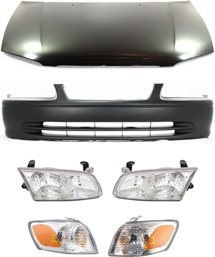 AM CAMRY 00-01 HOOD 6 pc Kit USA Built with Bumper Cover Corner Lights and Headlights SKU KIT 111316-08 Partslink TO1230167 TO1000206 TO2530136 TO2531136 TO2502130 TO2503130 OEM 53301AA040-52119AA902-81520AA0