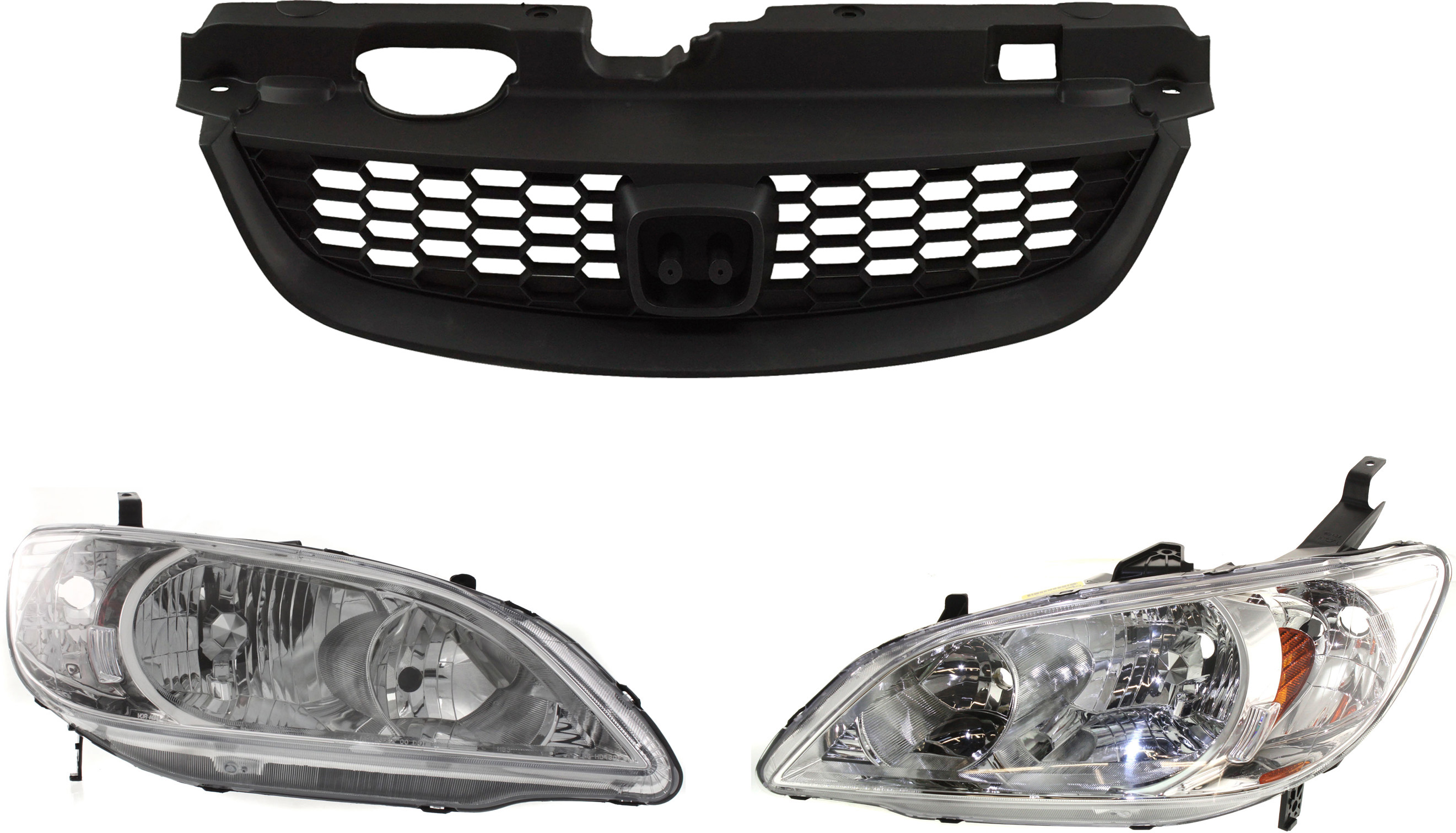 AM CIVIC 04-05 HEAD LAMP RH AND LH Lens and Housing Halogen 3 pc Kit with Grille Assembly SKU KIT 111316-11 Partslink HO2503121 HO2502121 HO1200165 OEM 33101S5AA51-33151S5AA51-71121S