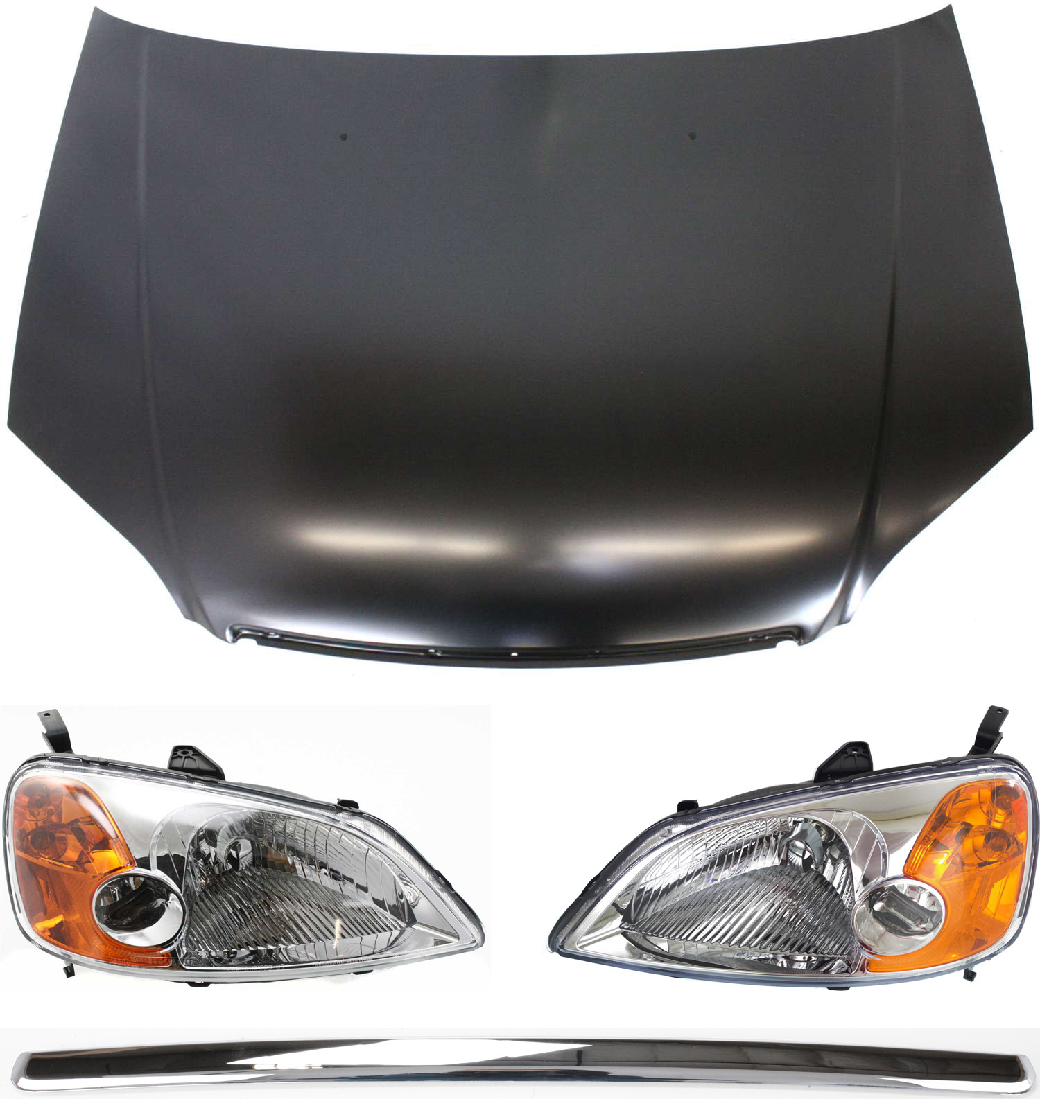 AM CIVIC 01-03 HOOD 4 pc Kit with Headlights and Hood Molding SKU KIT 111316-15 Partslink HO1230134 HO1235102 OEM 60100S5DA90ZZ 33151S5AA01 PFM