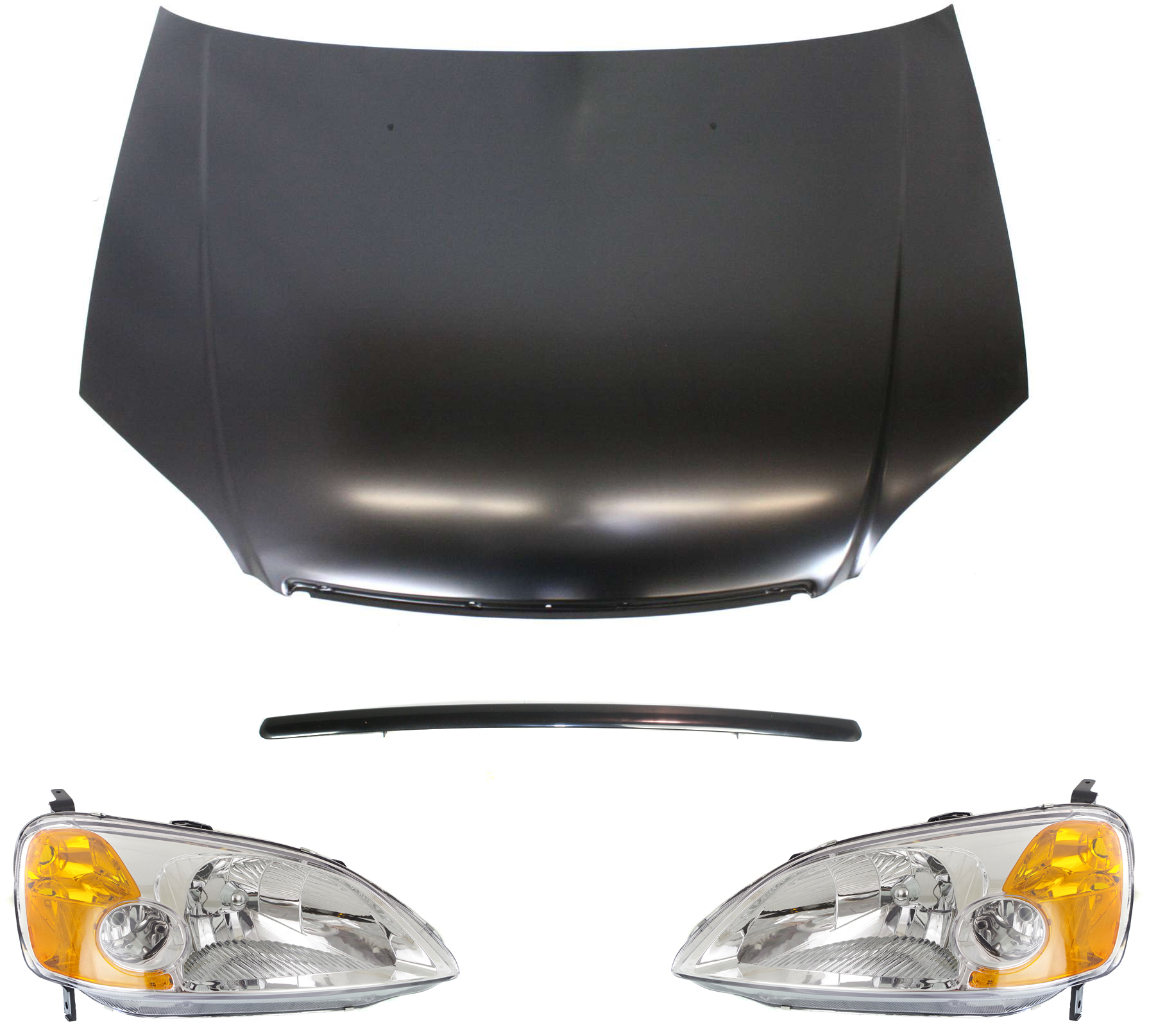 AM CIVIC 01-03 HOOD 4 pc Kit Coupe with Headlights and Hood Molding SKU KIT 111316-16 Partslink HO1230134 HO2519102 HO2518102 HO1235103 OEM 60100S5DA90ZZ 33101S5PA01-3315