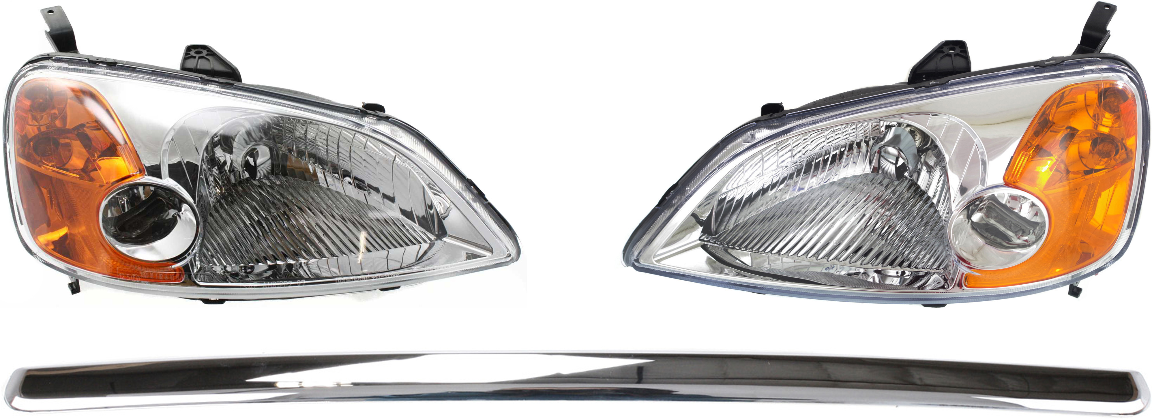 AM CIVIC 01-03 HEAD LAMP RH AND LH Assembly Halogen 3 pc Kit with Hood Molding SKU KIT 111316-17 Partslink HO1235102 OEM 33101S5AA01 PFM 33151S5AA01 PF