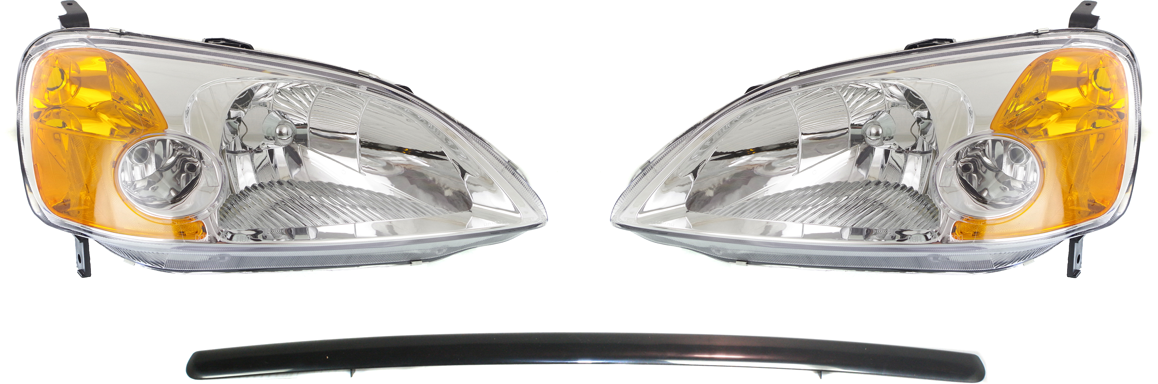 AM CIVIC 01-03 HEAD LAMP RH AND LH Lens and Housing Halogen 3 pc Kit with Hood Molding SKU KIT 111316-18 Partslink HO2518102 HO2519102 HO1235103 OEM 33101S5PA01-33151S5PA01-75120S