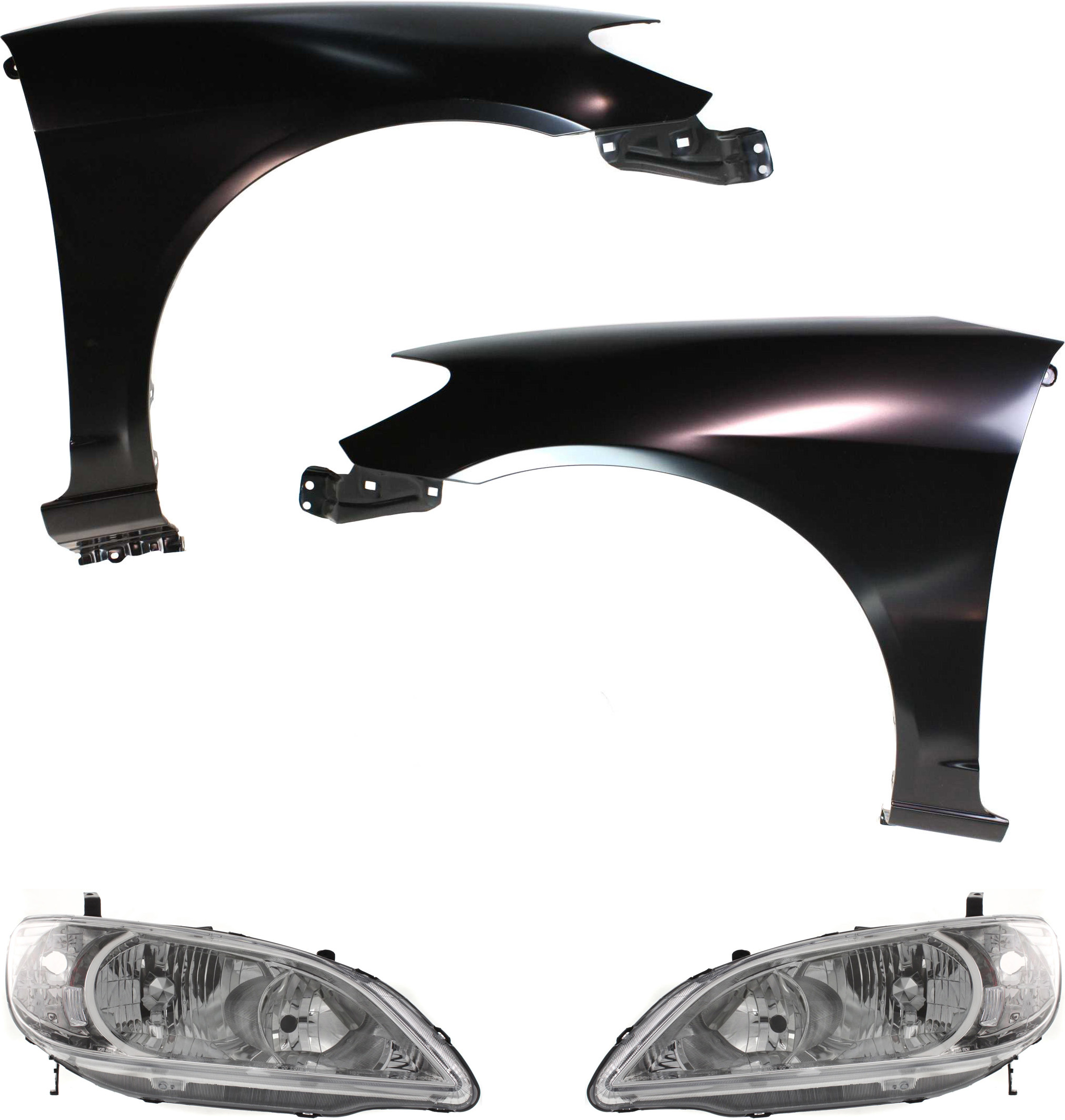 AM CIVIC 04-05 HEAD LAMP RH AND LH Lens and Housing Halogen 4 pc Kit with Fenders SKU KIT 111316-19 Partslink HO2503121 HO2502121 HO1240162 HO1241162 OEM 33101S5AA51-33151S5AA51-60261S