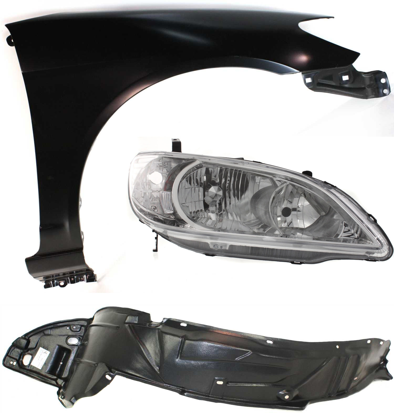 AM CIVIC 04-05 HEAD LAMP RH Lens and Housing Halogen 3 pc Kit with Fender and Fender Liner SKU KIT 111316-21 Partslink HO2503121 HO1241162 HO1249121 OEM 33101S5AA51-60211S5AA80ZZ 7410