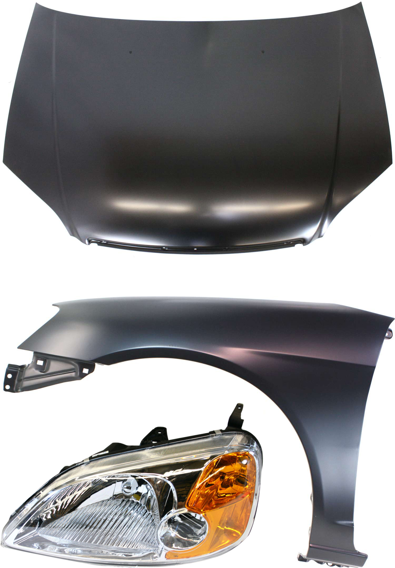 AM CIVIC 01-03 HOOD 3 pc Kit Coupe with Fender and Headlight SKU KIT 111316-28 Partslink HO1230134 HO1240153 HO2518102 OEM 60100S5DA90ZZ 60261S5DA90ZZ 33