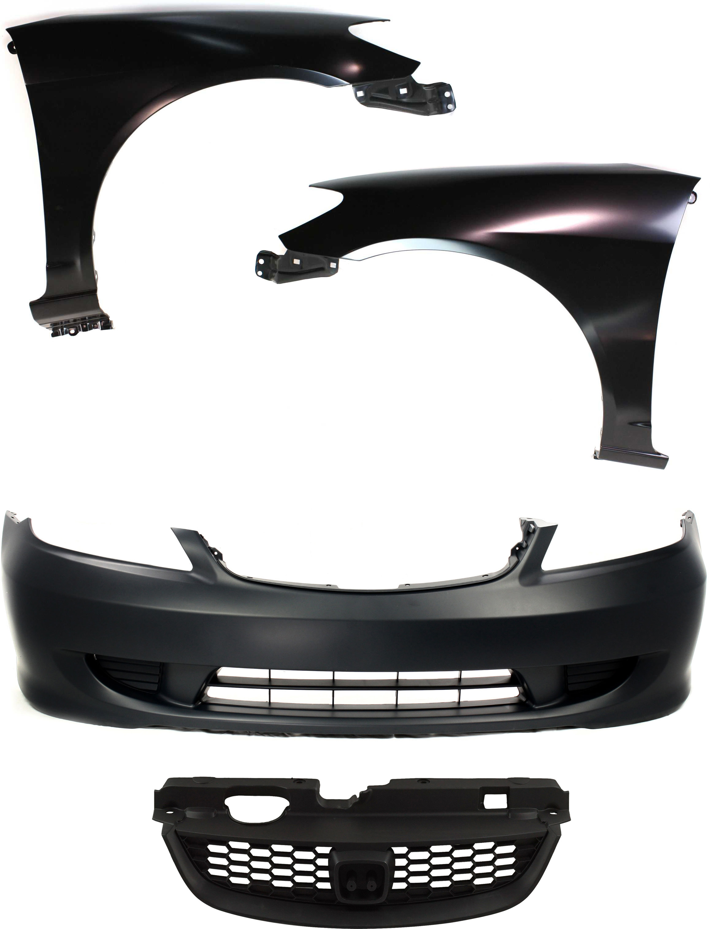 AM CIVIC 04-05 FRONT BUMPER COVER 4 pc Kit with Fenders and Grille Assembly Coupe SKU KIT 111316-65 Partslink HO1000216 HO1240162 HO1241162 HO1200165 OEM 04711S5AA91ZZ 60261S5AA80ZZ 60