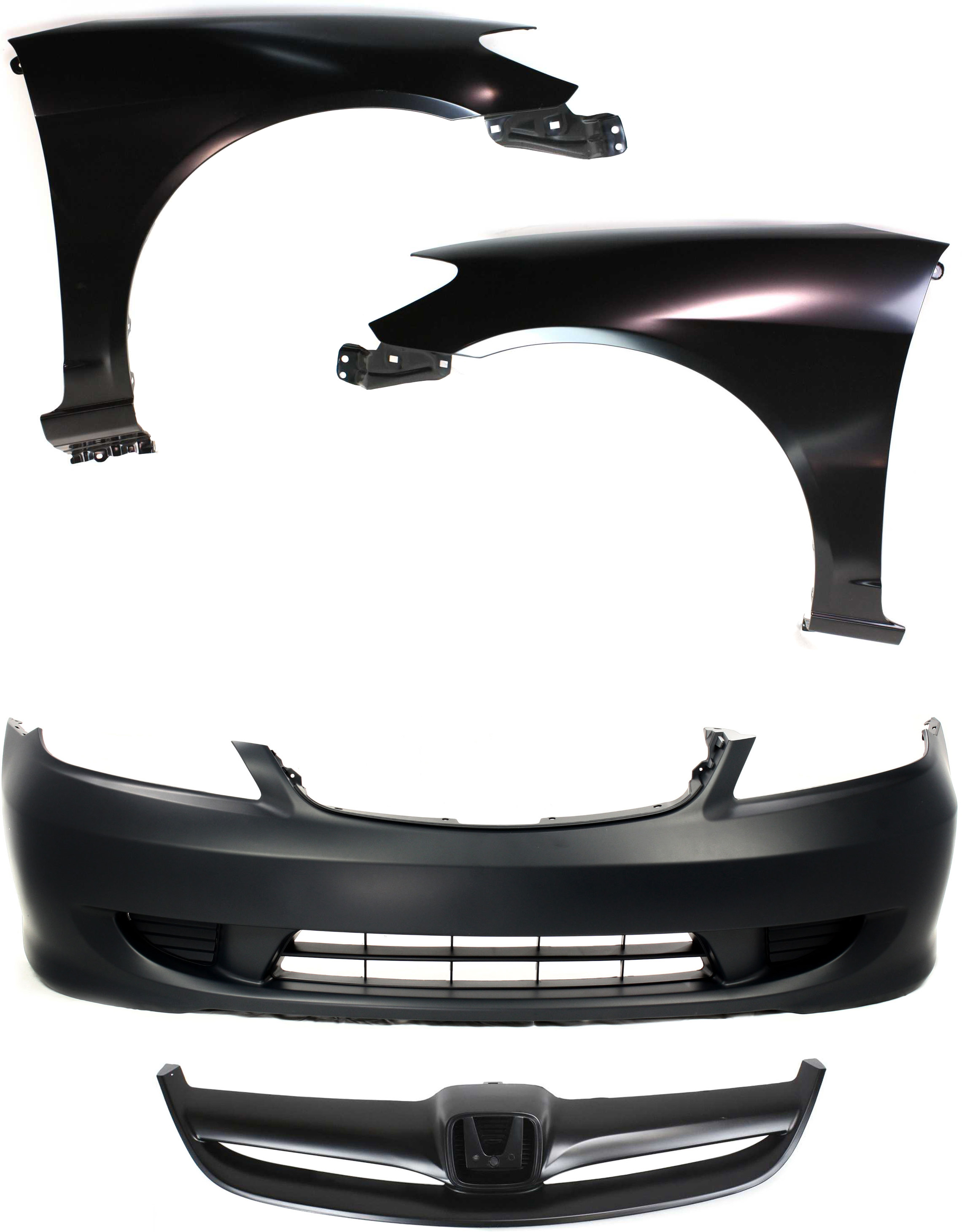 AM CIVIC 04-05 FRONT BUMPER COVER 4 pc Kit with Fenders and Grille Assembly Sedan SKU KIT 111316-66 Partslink HO1000216 HO1240162 HO1241162 HO1200164 OEM 04711S5AA91ZZ 60261S5AA80ZZ 60