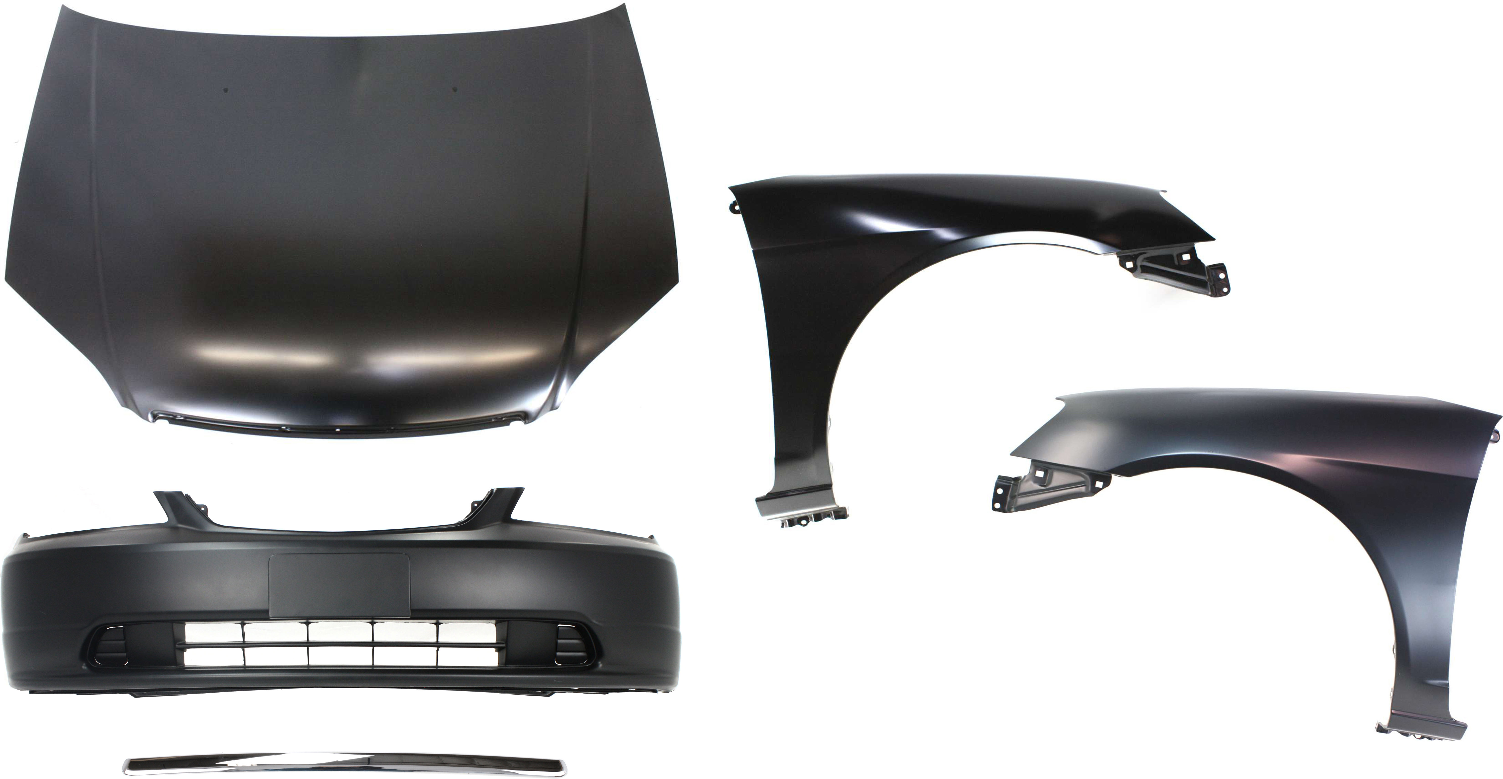 AM CIVIC 01-03 HOOD Steel Primed 5 pc Kit with Bumper Cover Fenders and Hood Molding SKU KIT 111316-73 Partslink HO1230134 HO1000197 HO1240153 HO1241153 HO1235102 OEM 60100S5DA90ZZ 04711S5PA90ZZ 60