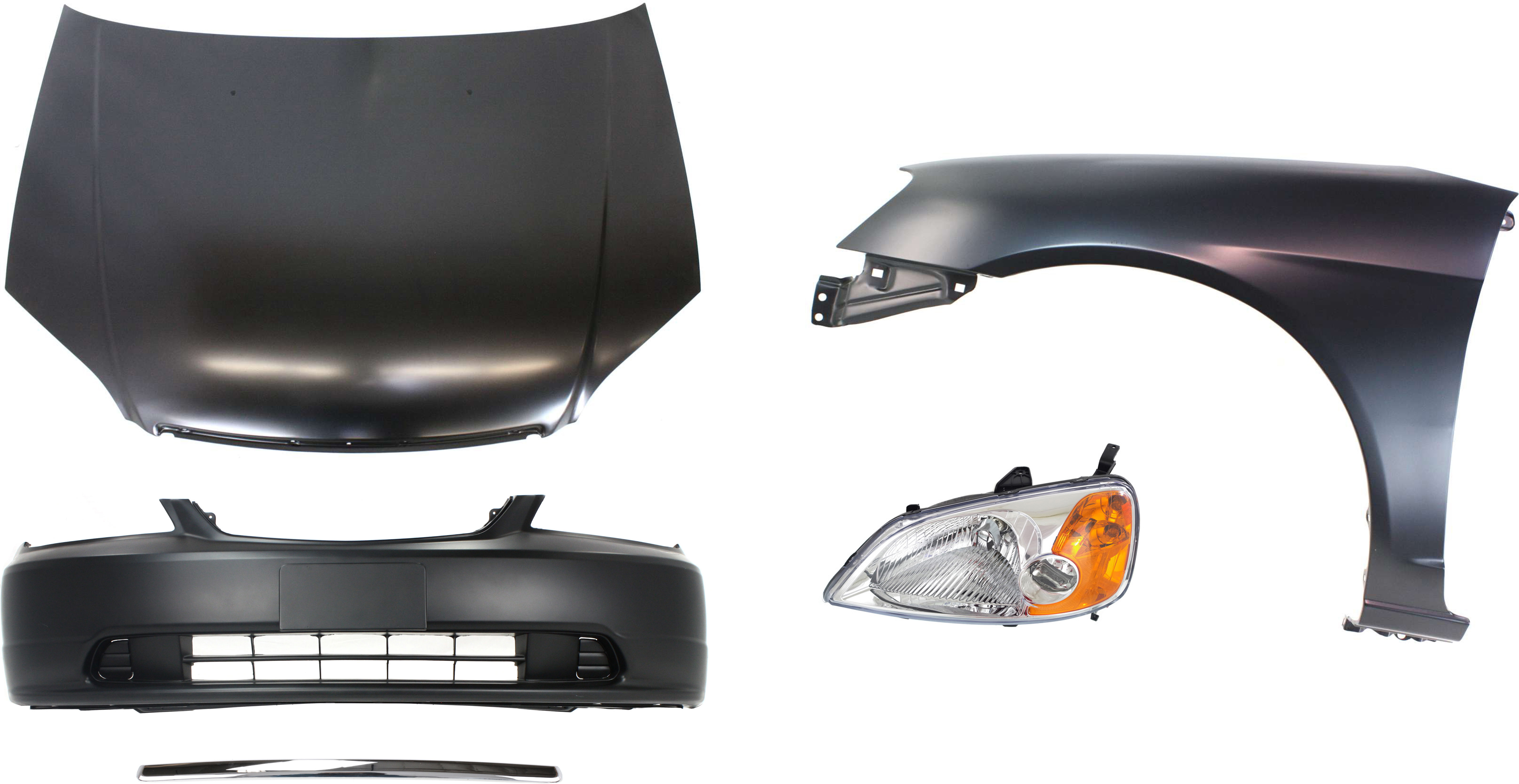 AM CIVIC 01-03 HOOD Steel Primed 5 pc Kit with Bumper Cover Fender Headlight and Hood Molding SKU KIT 111316-77 Partslink HO1230134 HO1000197 HO1240153 HO1235102 OEM 60100S5DA90ZZ 04711S5PA90ZZ 60