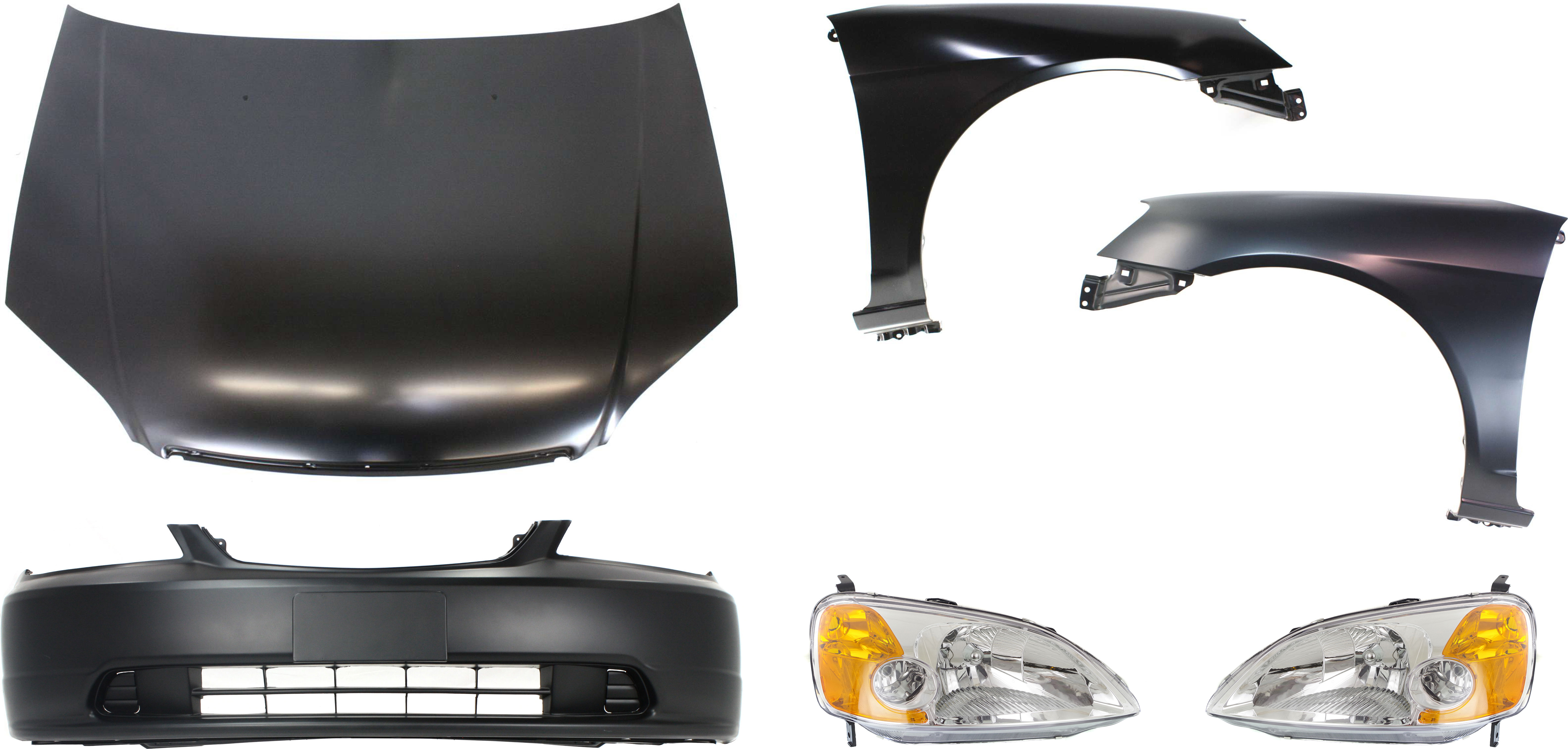 AM CIVIC 01-03 HOOD Steel Primed 6 pc Kit Coupe with Bumper Cover Fenders and Headlights SKU KIT 111316-79 Partslink HO1230134 HO1000197 HO1240153 HO1241153 HO2519102 HO2518102 OEM 60100S5DA90ZZ 04711S5PA90ZZ 60