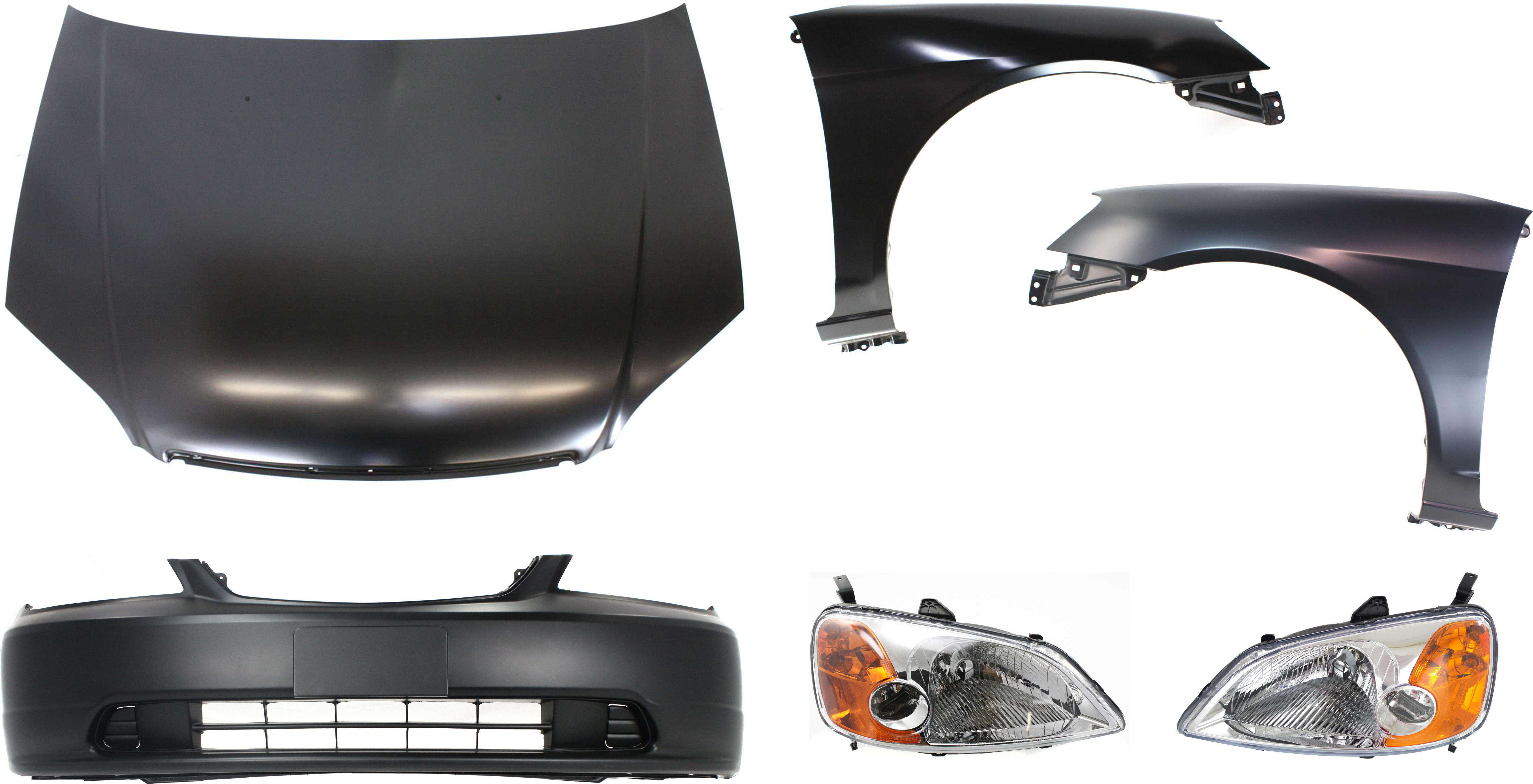 AM CIVIC 01-03 HOOD Steel Primed 6 pc Kit with Bumper Cover Fenders and Headlights SKU KIT 111316-80 Partslink HO1230134 HO1000197 HO1240153 HO1241153 OEM 60100S5DA90ZZ 04711S5PA90ZZ 60